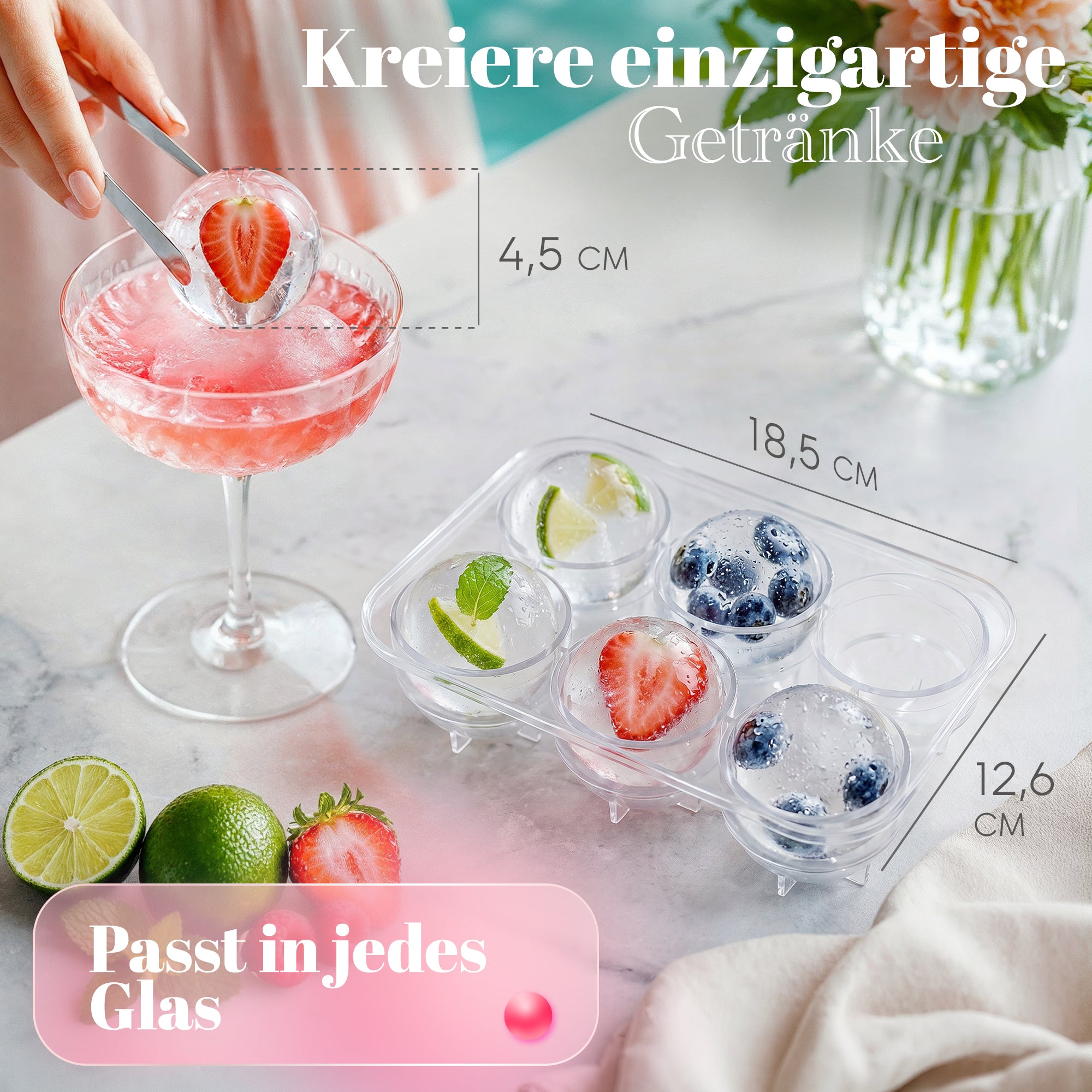 Patentierte Eiskugelform & Eiswürfelform Rosa – XXL Eiswürfel (5 cm) & Kugeln (4,5 cm) aus Platinsilikon – Einfaches Herausdrücken & leichtes Lösen – Für Cocktails, Longdrinks & Getränke – BPA-frei & spülmaschinengeeignet