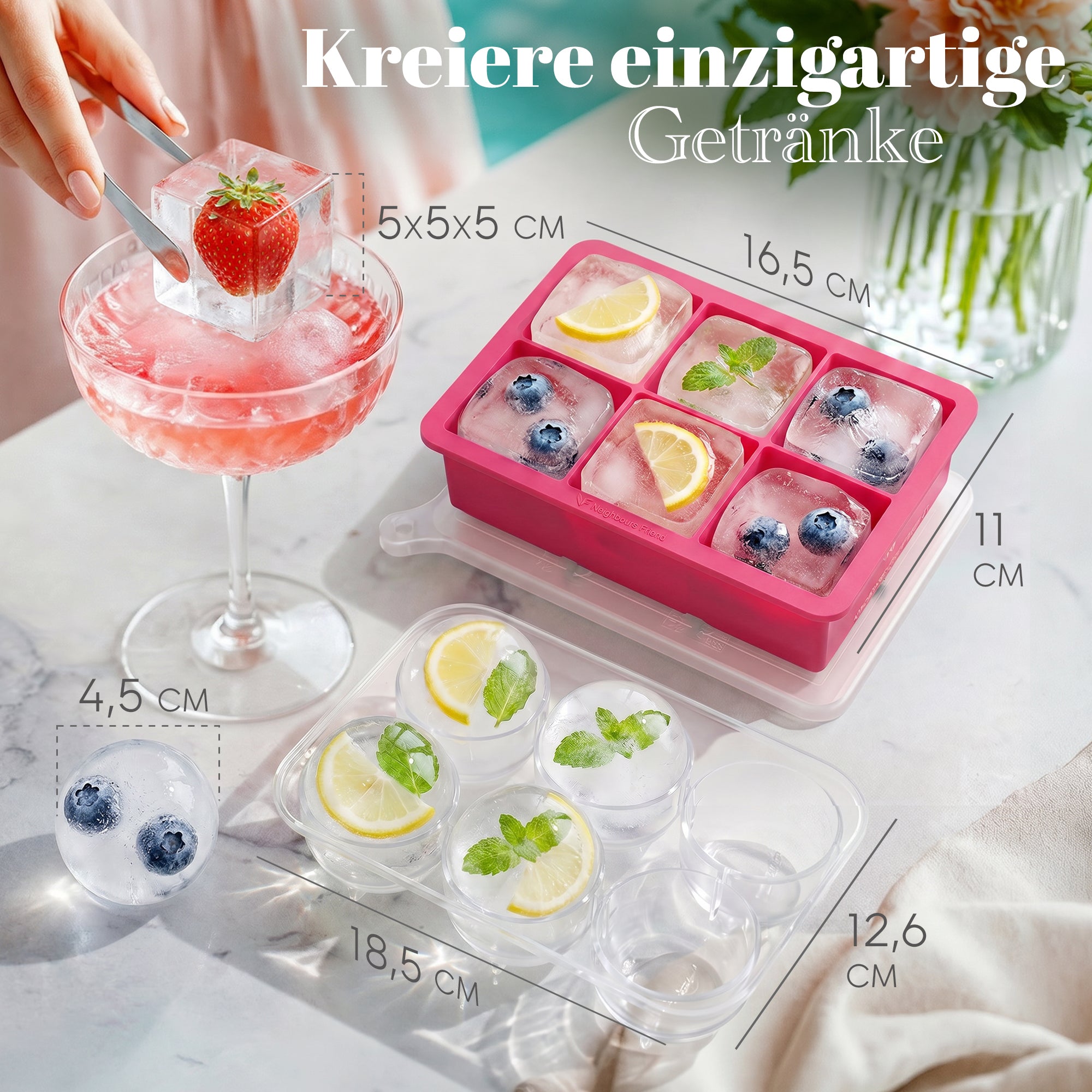 Patentierte Eiskugelform & Eiswürfelform Pink – XXL Eiswürfel (5 cm) & Kugeln (4,5 cm) aus Platinsilikon – Einfaches Herausdrücken & leichtes Lösen – Für Cocktails, Longdrinks & Getränke – BPA-frei & spülmaschinengeeignet