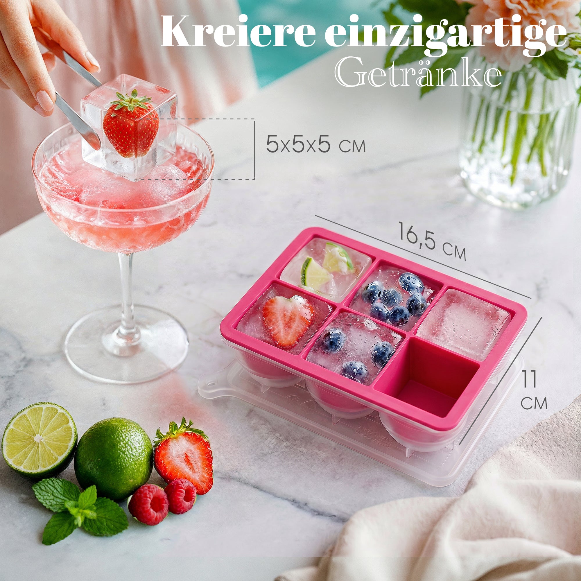 Patentierte Eiskugelform & Eiswürfelform Pink – XXL Eiswürfel (5 cm) & Kugeln (4,5 cm) aus Platinsilikon – Einfaches Herausdrücken & leichtes Lösen – Für Cocktails, Longdrinks & Getränke – BPA-frei & spülmaschinengeeignet