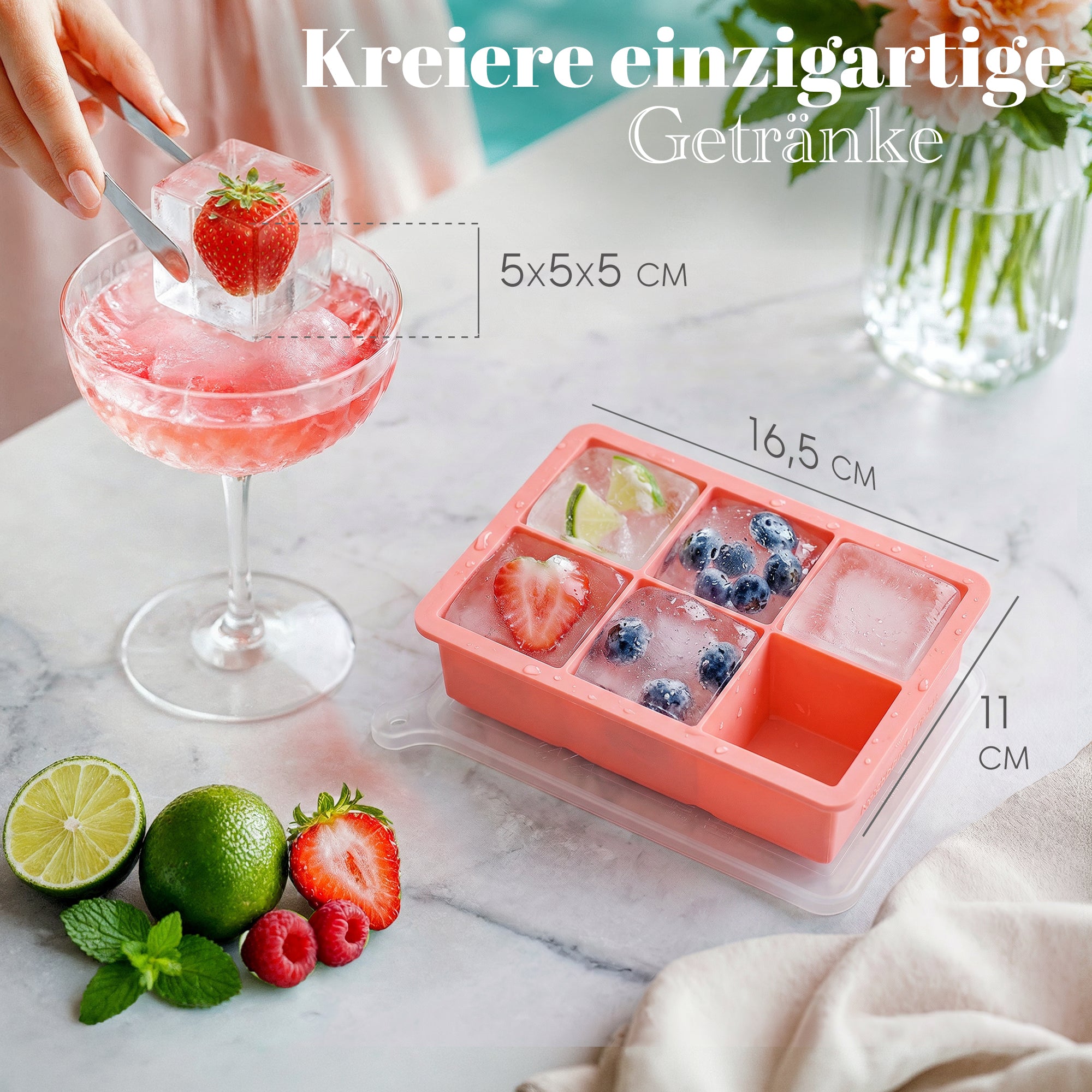 Patentierte Eiskugelform & Eiswürfelform Rosa – XXL Eiswürfel (5 cm) & Kugeln (4,5 cm) aus Platinsilikon – Einfaches Herausdrücken & leichtes Lösen – Für Cocktails, Longdrinks & Getränke – BPA-frei & spülmaschinengeeignet