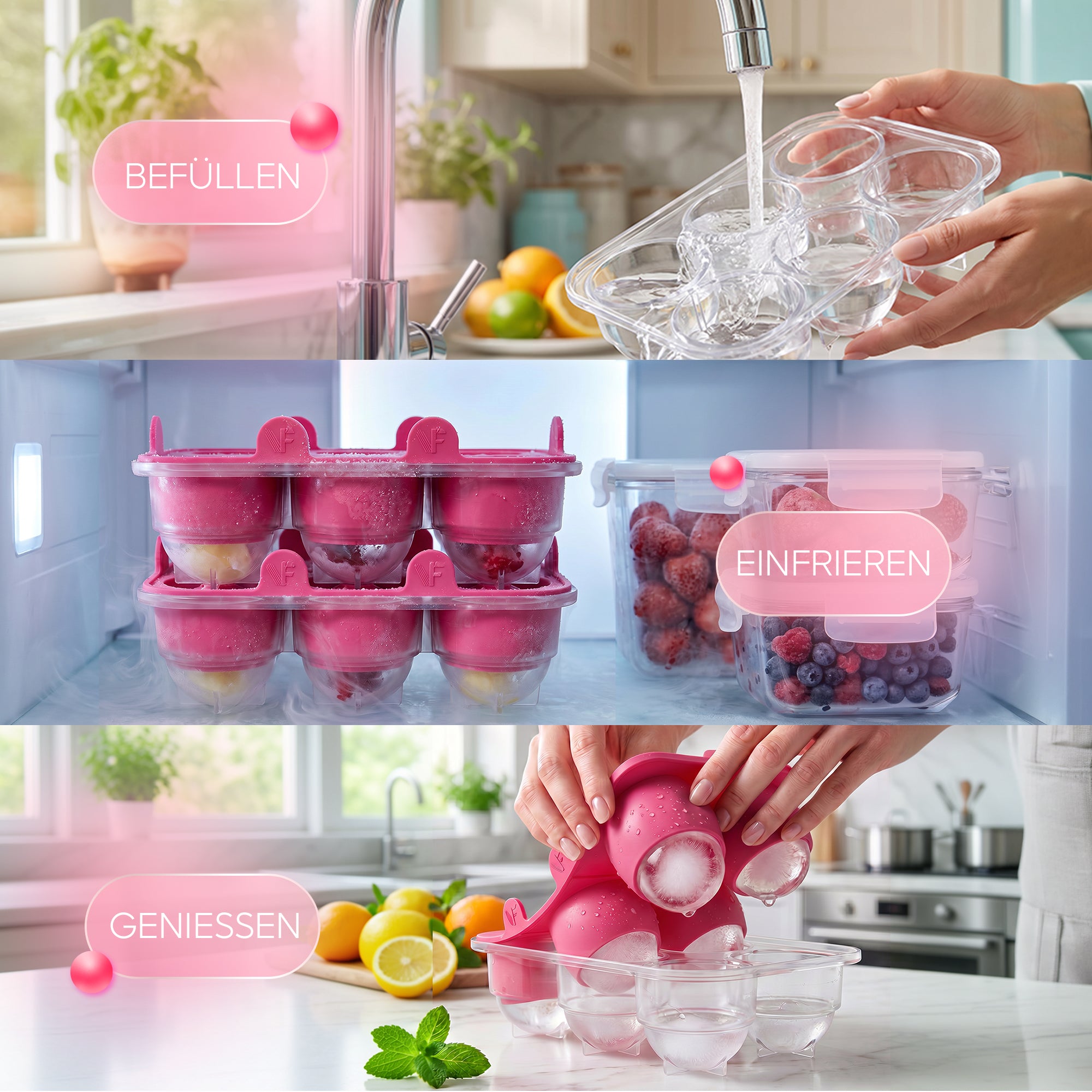 Patentierte Eiskugelform & Eiswürfelform Pink – XXL Eiswürfel (5 cm) & Kugeln (4,5 cm) aus Platinsilikon – Einfaches Herausdrücken & leichtes Lösen – Für Cocktails, Longdrinks & Getränke – BPA-frei & spülmaschinengeeignet