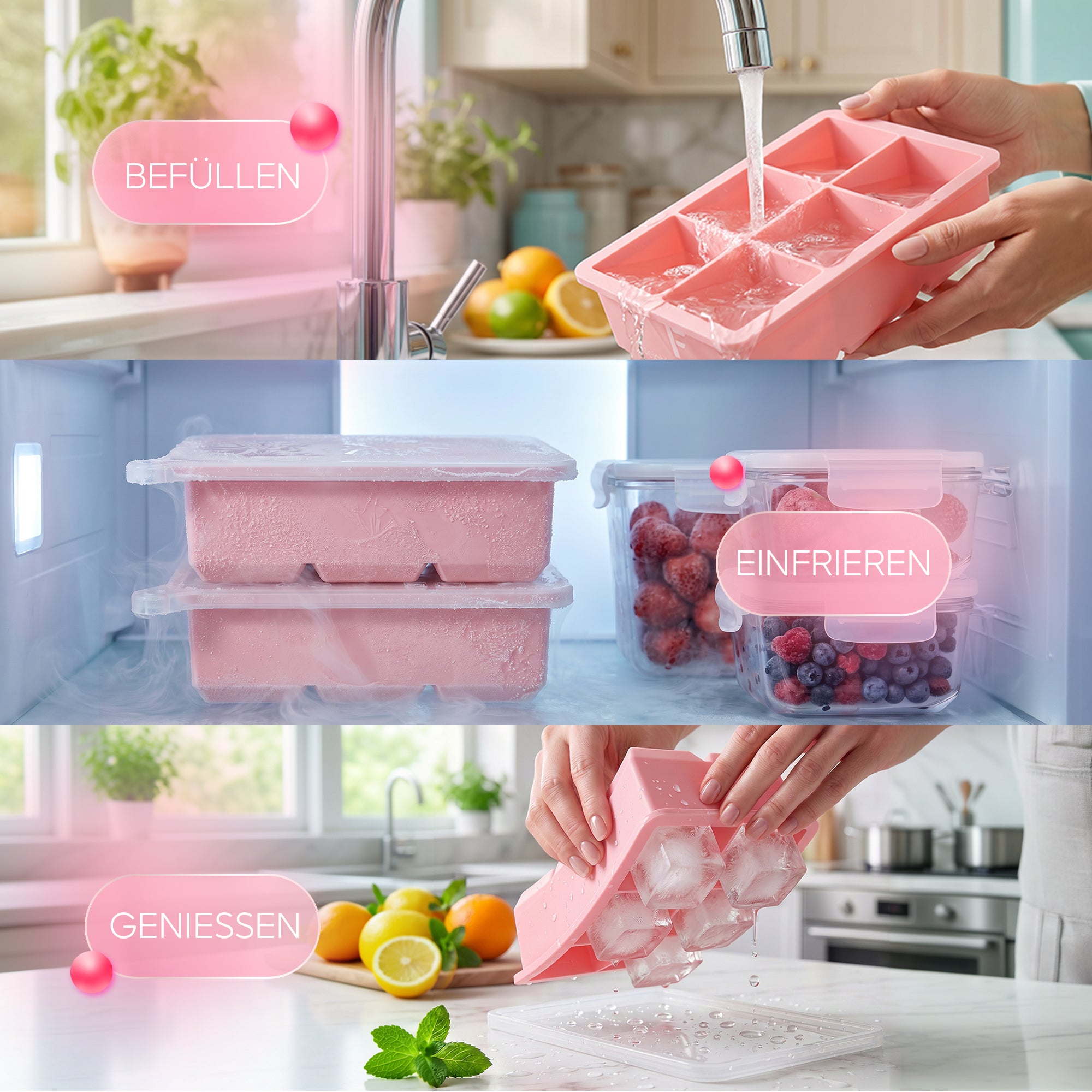 Patentierte Eiskugelform & Eiswürfelform Rosa – XXL Eiswürfel (5 cm) & Kugeln (4,5 cm) aus Platinsilikon – Einfaches Herausdrücken & leichtes Lösen – Für Cocktails, Longdrinks & Getränke – BPA-frei & spülmaschinengeeignet