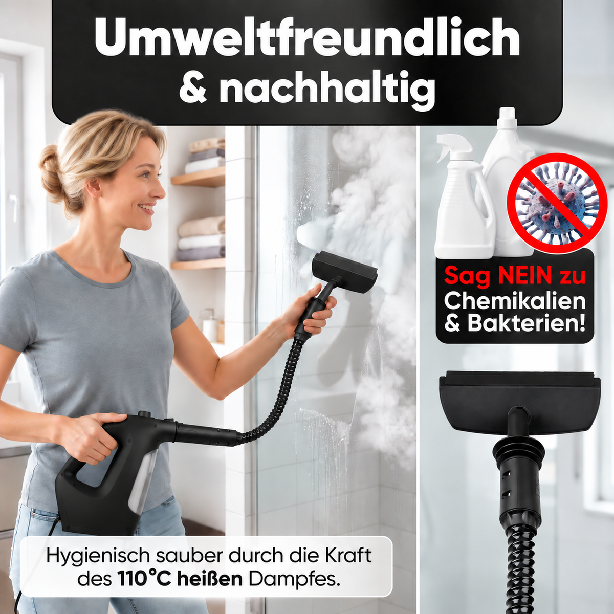 Dampfreiniger 2 in 1 – Als Handdampfreiniger oder mit Dampfmopp – Für Küche, Bad, Böden, Fenster, Auto & Polster – Entfernt Fett, Kalk & Schmutz – Hygienisch & ohne Chemie – Teppich & Fugenreiniger