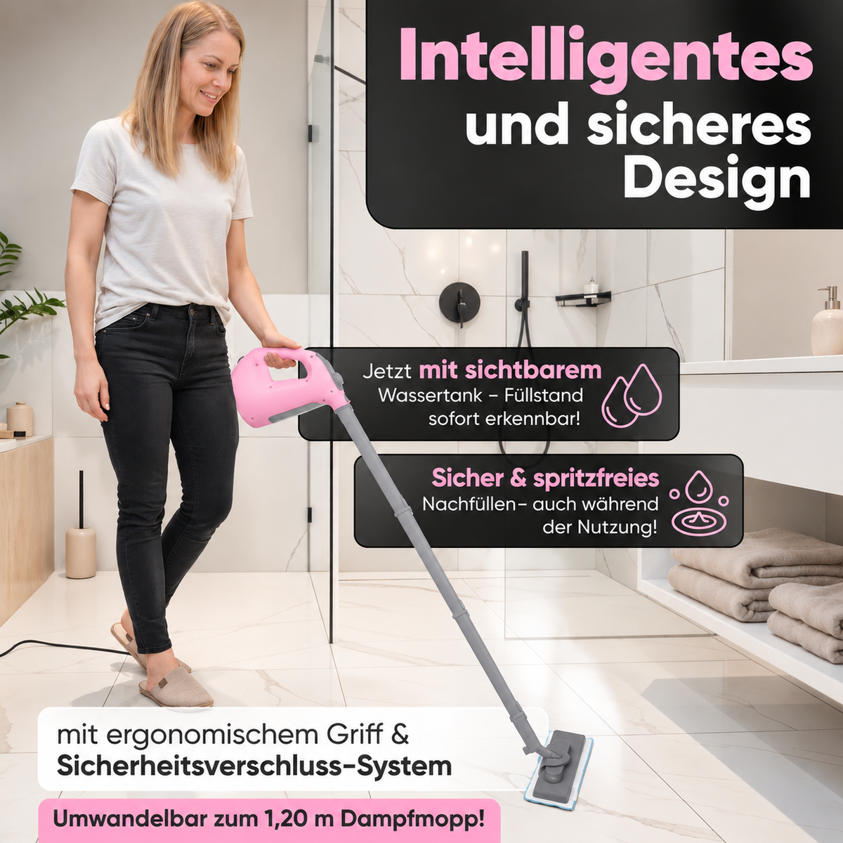 Dampfreiniger 2 in 1 – Als Handdampfreiniger oder mit Dampfmopp – Für Küche, Bad, Böden, Fenster, Auto & Polster – Entfernt Fett, Kalk & Schmutz – Hygienisch & ohne Chemie – Teppich & Fugenreiniger