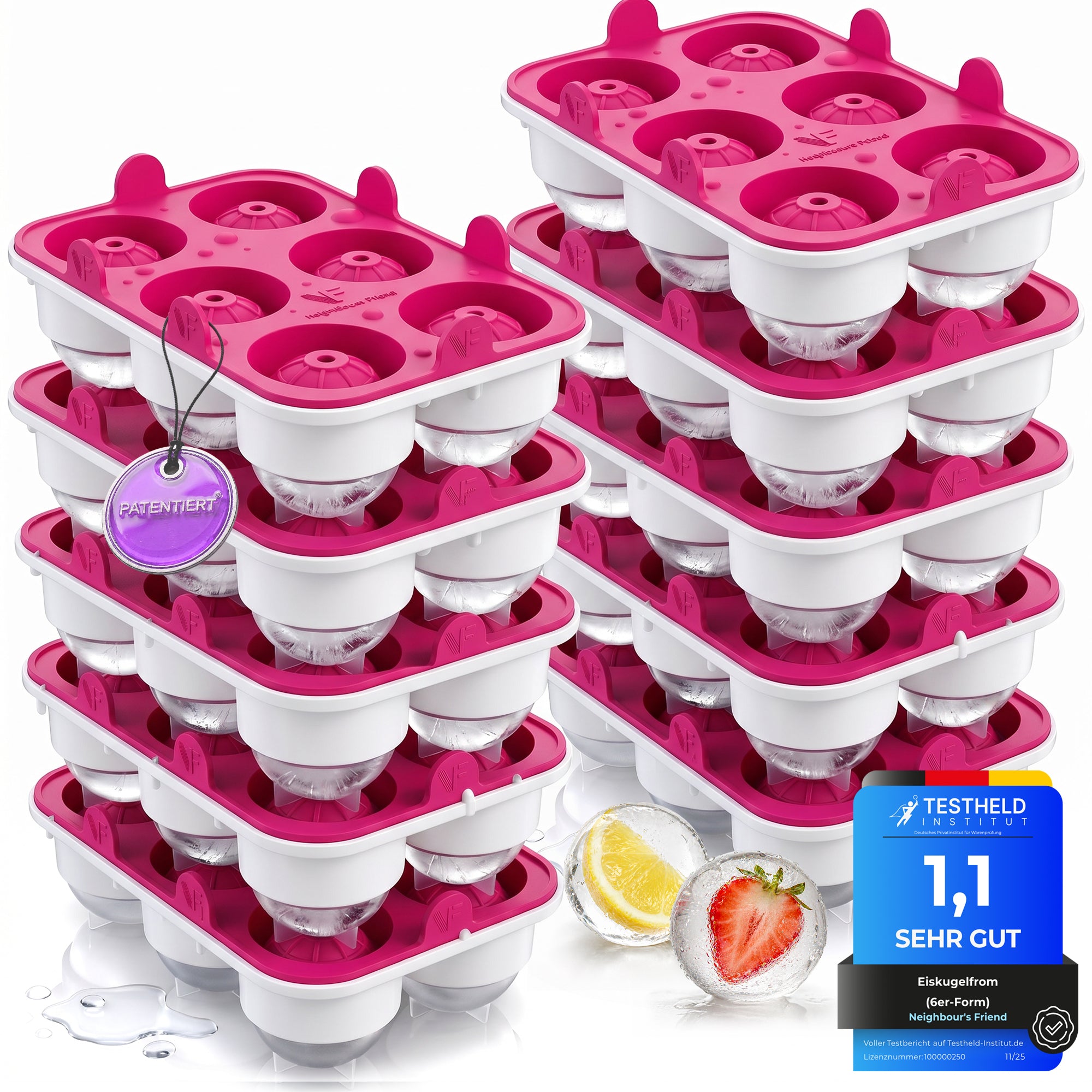 Patentierte Eiskugelform XXL Pink – Große runde Eiswürfel (4,5 cm) – Softboden für leichtes Lösen ohne Brechen – Für Getränke, Cocktails & Softdrinks – BPA-frei & auslaufsicher