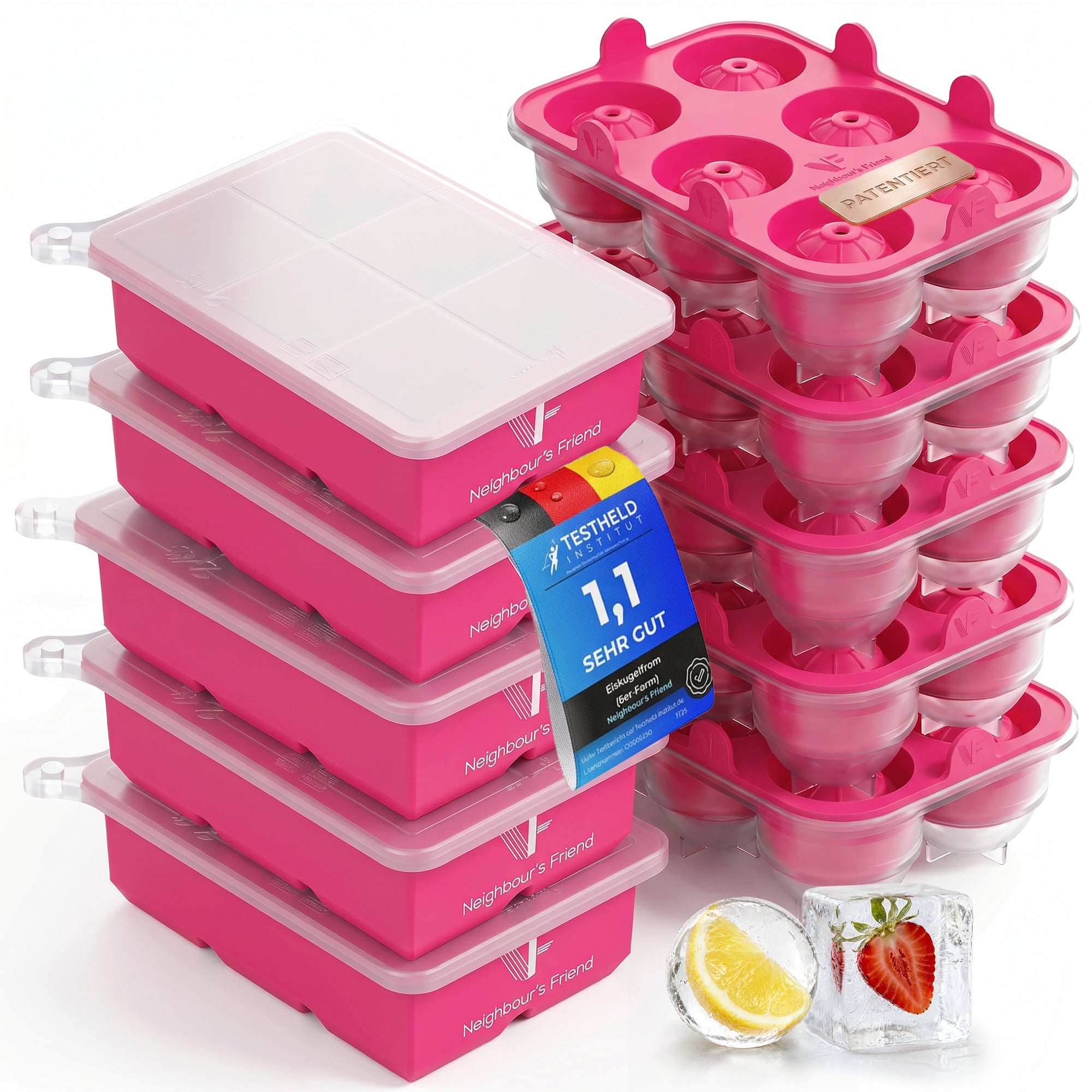 Patentierte Eiskugelform & Eiswürfelform Pink – XXL Eiswürfel (5 cm) & Kugeln (4,5 cm) aus Platinsilikon – Einfaches Herausdrücken & leichtes Lösen – Für Cocktails, Longdrinks & Getränke – BPA-frei & spülmaschinengeeignet