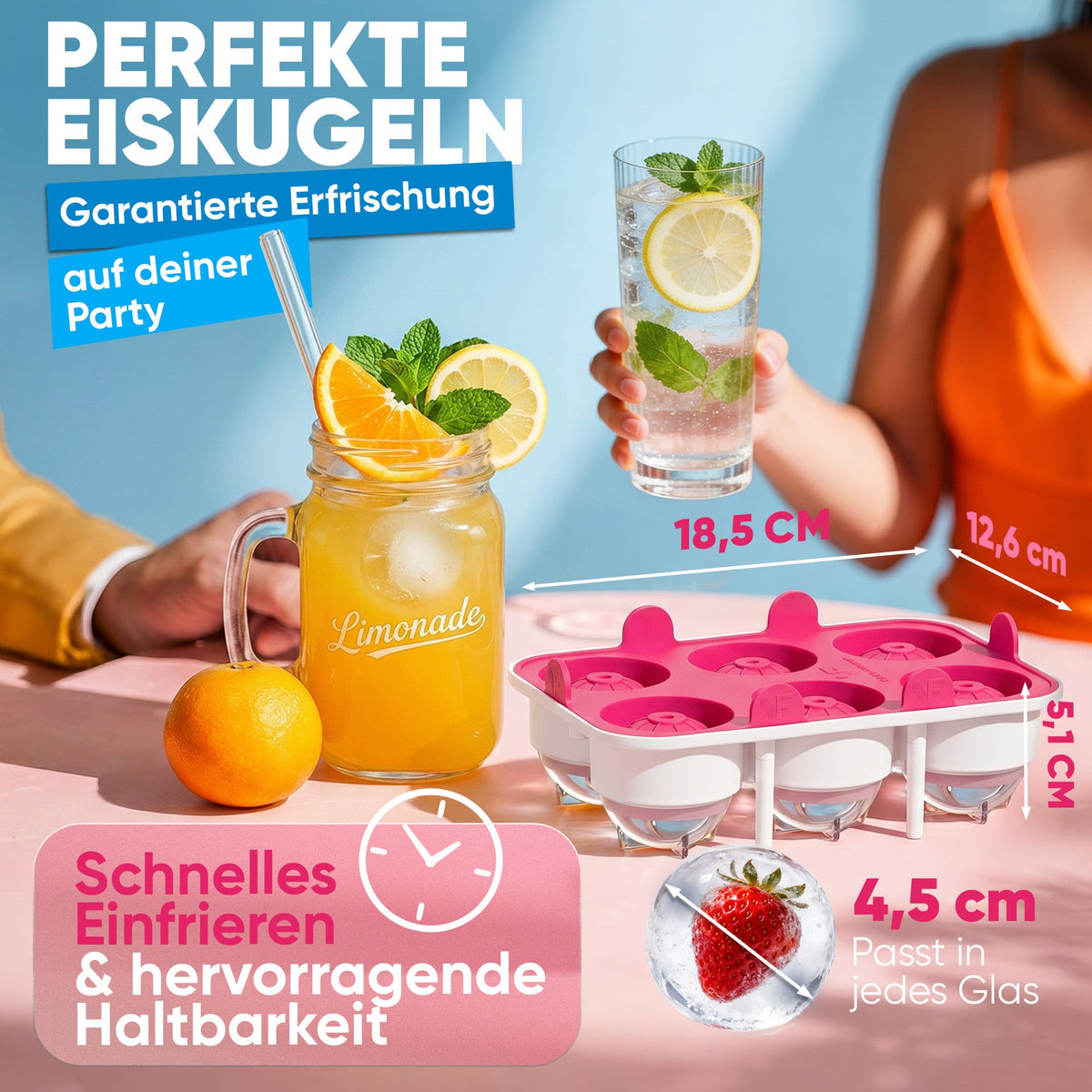 Patentierte Eiskugelform XXL Pink – Große runde Eiswürfel (4,5 cm) – Softboden für leichtes Lösen ohne Brechen – Für Getränke, Cocktails & Softdrinks – BPA-frei & auslaufsicher - Galerie Pink 44