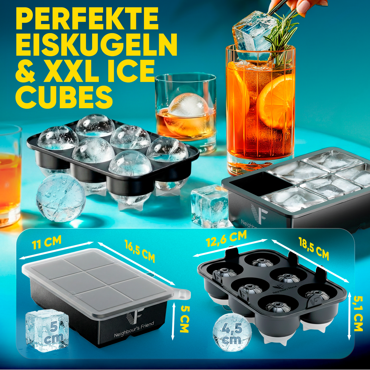 Patentierte XXL Eiskugelform und Eiswürfelform - Softbase mit flexiblem Boden | 1er- & 2er-Sets