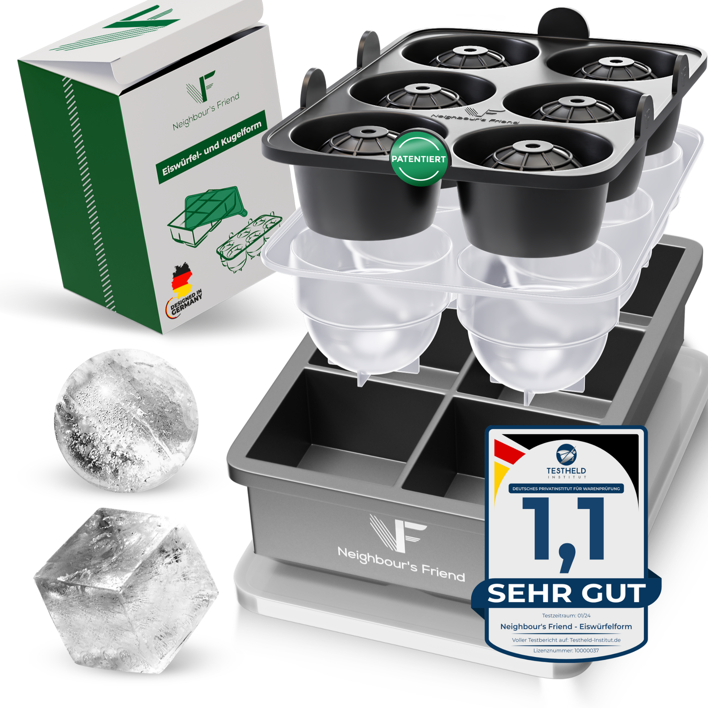 Patentierte Eiskugelform & Eiswürfelform Schwarz – XXL Eiswürfel (5 cm) & Kugeln (4,5 cm) aus Platinsilikon – Einfaches Herausdrücken & leichtes Lösen – Für Cocktails, Longdrinks & Getränke – BPA-frei & spülmaschinengeeignet Image