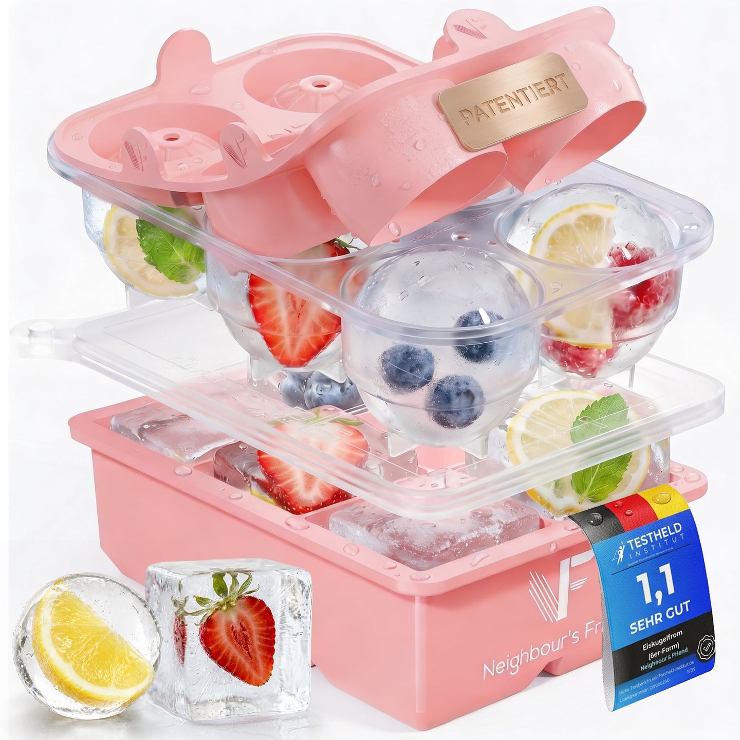 Patentierte Eiskugelform & Eiswürfelform Rosa – XXL Eiswürfel (5 cm) & Kugeln (4,5 cm) aus Platinsilikon – Einfaches Herausdrücken & leichtes Lösen – Für Cocktails, Longdrinks & Getränke – BPA-frei & spülmaschinengeeignet Image