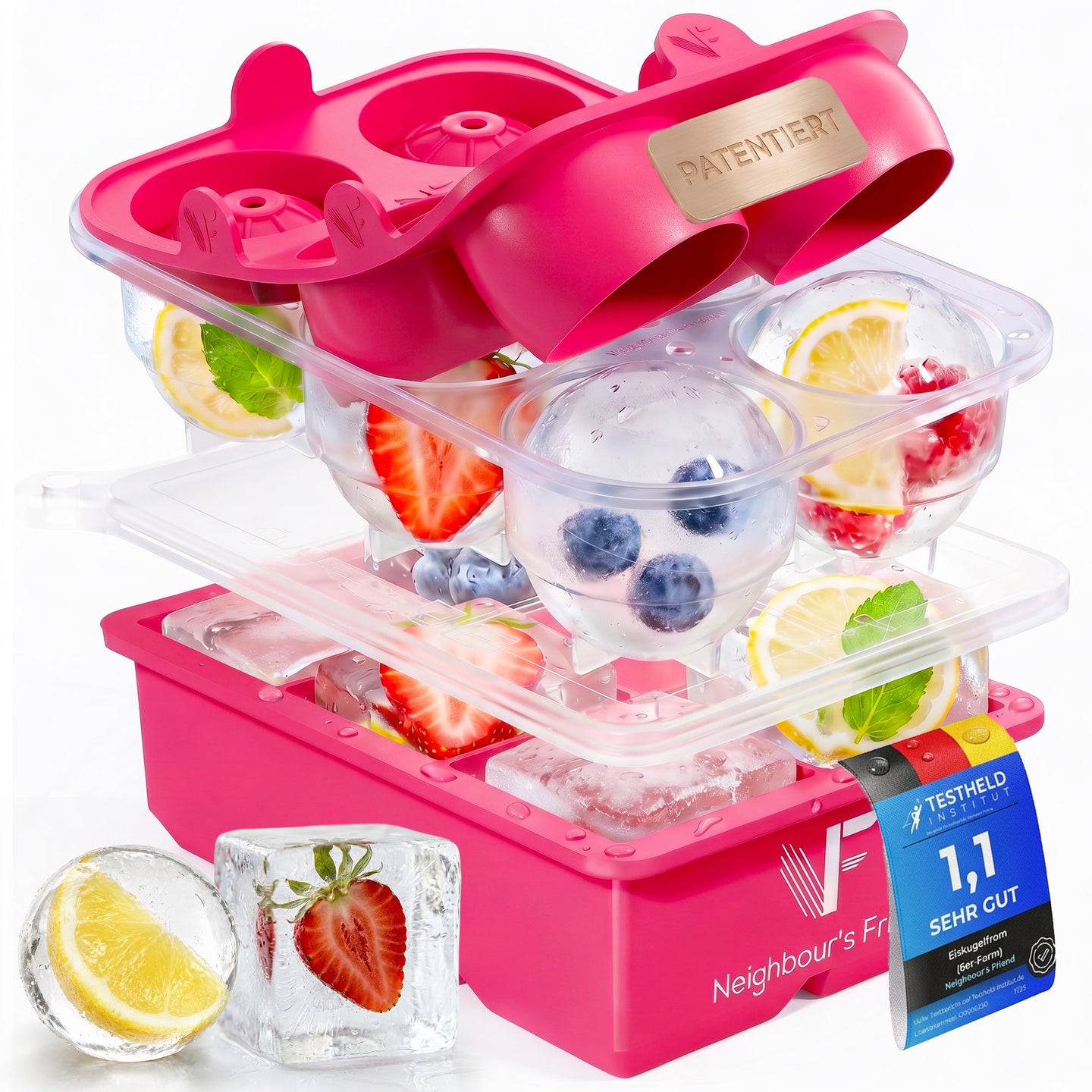 Patentierte Eiskugelform & Eiswürfelform Pink – XXL Eiswürfel (5 cm) & Kugeln (4,5 cm) aus Platinsilikon – Einfaches Herausdrücken & leichtes Lösen – Für Cocktails, Longdrinks & Getränke – BPA-frei & spülmaschinengeeignet Image