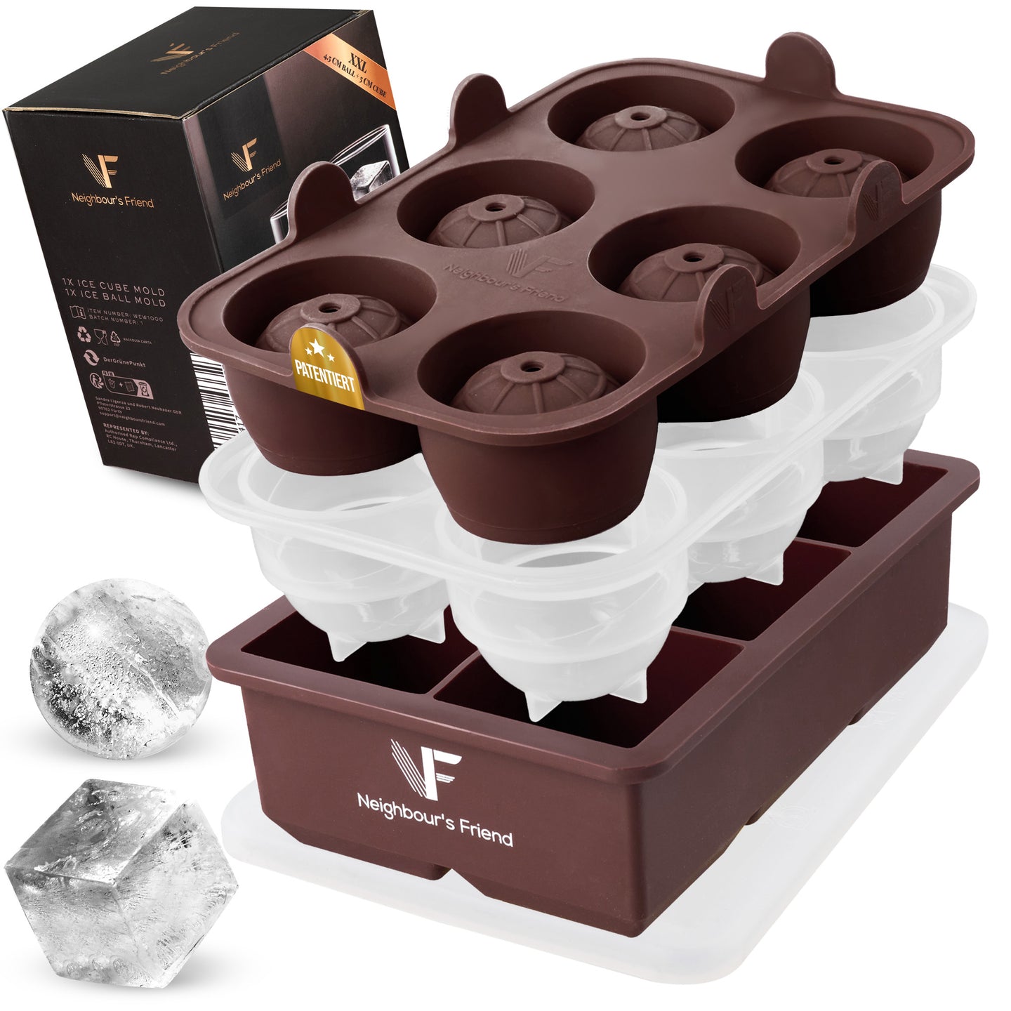 Patentierte Eiskugelform & Eiswürfelform Braun – XXL Eiswürfel (5 cm) & Kugeln (4,5 cm) aus Platinsilikon – Einfaches Herausdrücken & leichtes Lösen – Für Cocktails, Longdrinks & Getränke – BPA-frei & spülmaschinengeeignet