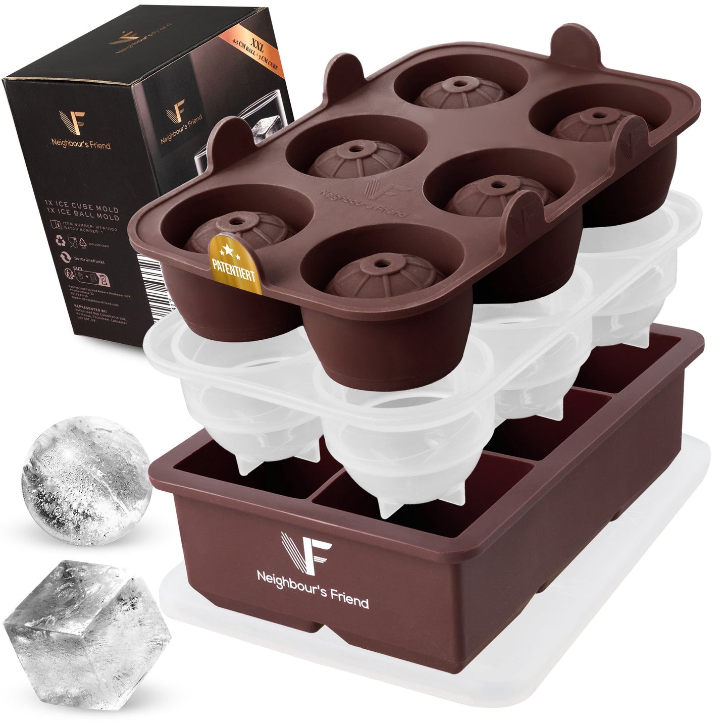 Patentierte Eiskugelform & Eiswürfelform Braun – XXL Eiswürfel (5 cm) & Kugeln (4,5 cm) aus Platinsilikon – Einfaches Herausdrücken & leichtes Lösen – Für Cocktails, Longdrinks & Getränke – BPA-frei & spülmaschinengeeignet Image
