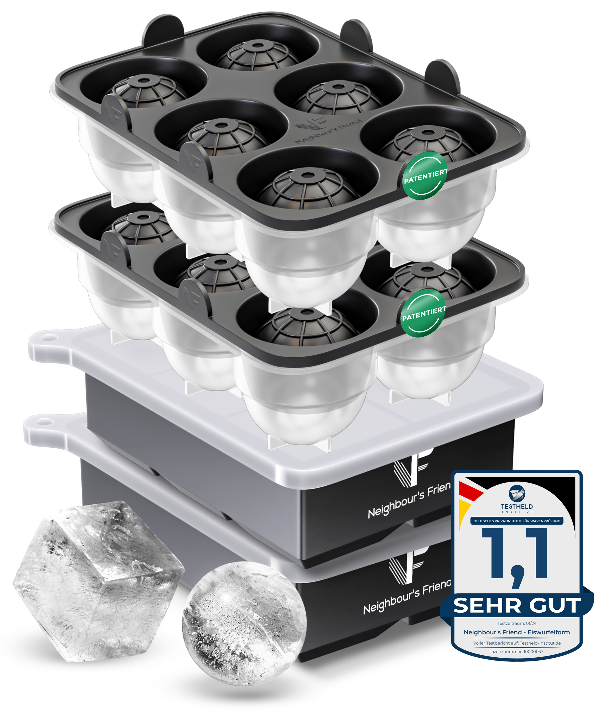 Patentierte Eiskugelform & Eiswürfelform Schwarz – XXL Eiswürfel (5 cm) & Kugeln (4,5 cm) aus Platinsilikon – Einfaches Herausdrücken & leichtes Lösen – Für Cocktails, Longdrinks & Getränke – BPA-frei & spülmaschinengeeignet Image