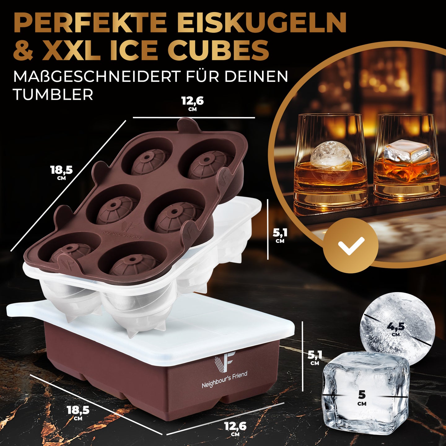 Patentierte Eiskugelform & Eiswürfelform Braun – XXL Eiswürfel (5 cm) & Kugeln (4,5 cm) aus Platinsilikon – Einfaches Herausdrücken & leichtes Lösen – Für Cocktails, Longdrinks & Getränke – BPA-frei & spülmaschinengeeignet