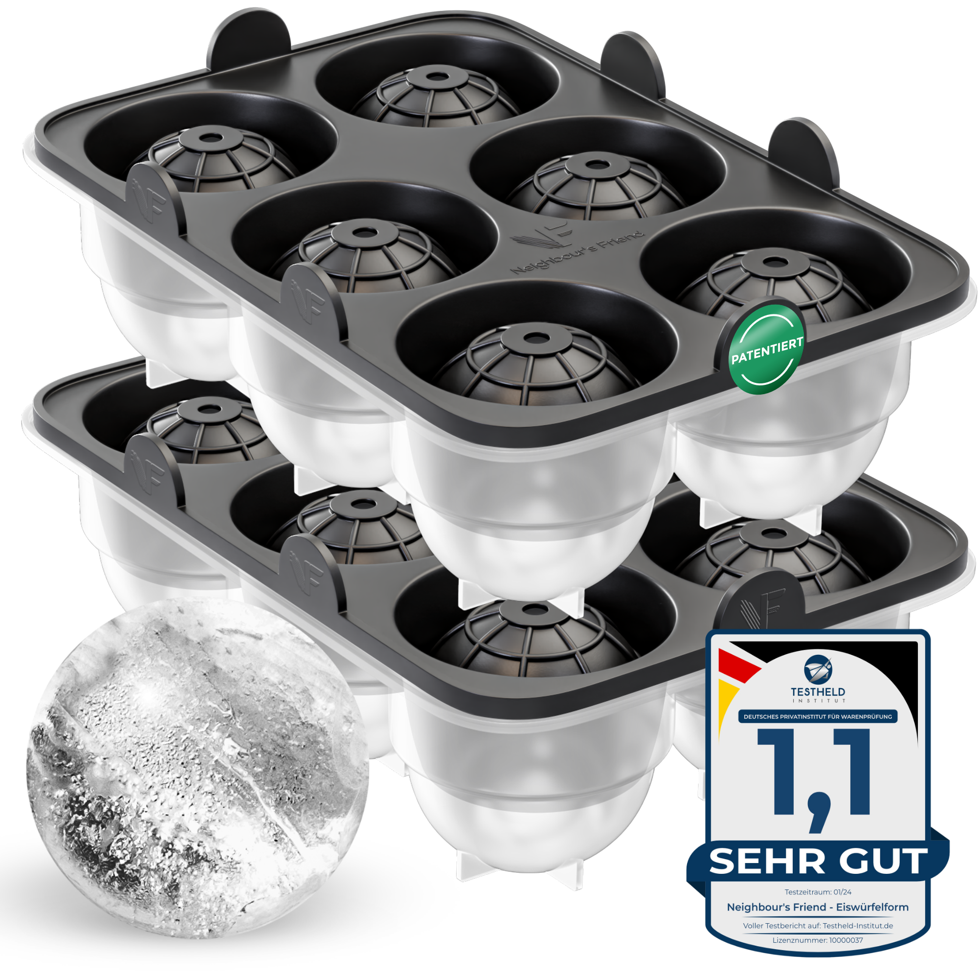 Patentierte Eiskugelform & Eiswürfelform Schwarz – XXL Eiswürfel (5 cm) & Kugeln (4,5 cm) aus Platinsilikon – Einfaches Herausdrücken & leichtes Lösen – Für Cocktails, Longdrinks & Getränke – BPA-frei & spülmaschinengeeignet Image