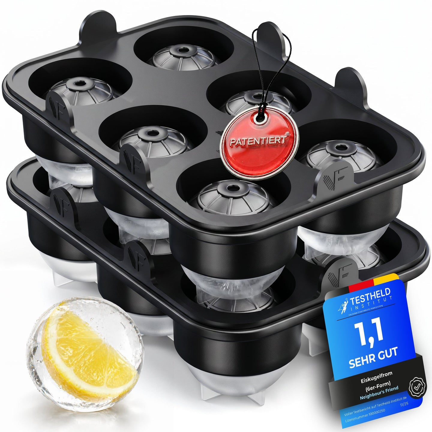 Patentierte Eiskugelform XXL Schwarz – Große runde Eiswürfel (4,5 cm) – Softboden für leichtes Lösen ohne Brechen – Für Getränke, Cocktails & Softdrinks – BPA-frei & auslaufsicher