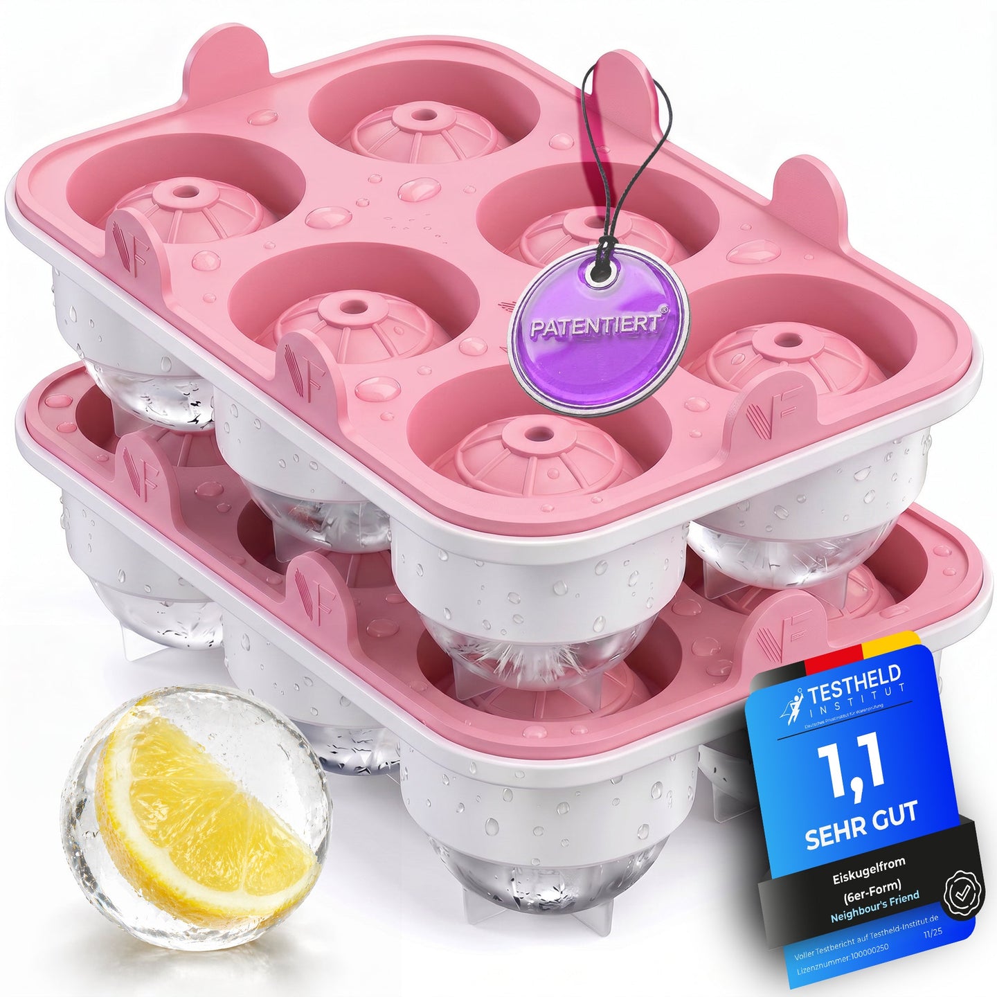 Patentierte Eiskugelform XXL Rosa – Große runde Eiswürfel (4,5 cm) – Softboden für leichtes Lösen ohne Brechen – Für Getränke, Cocktails & Softdrinks – BPA-frei & auslaufsicher