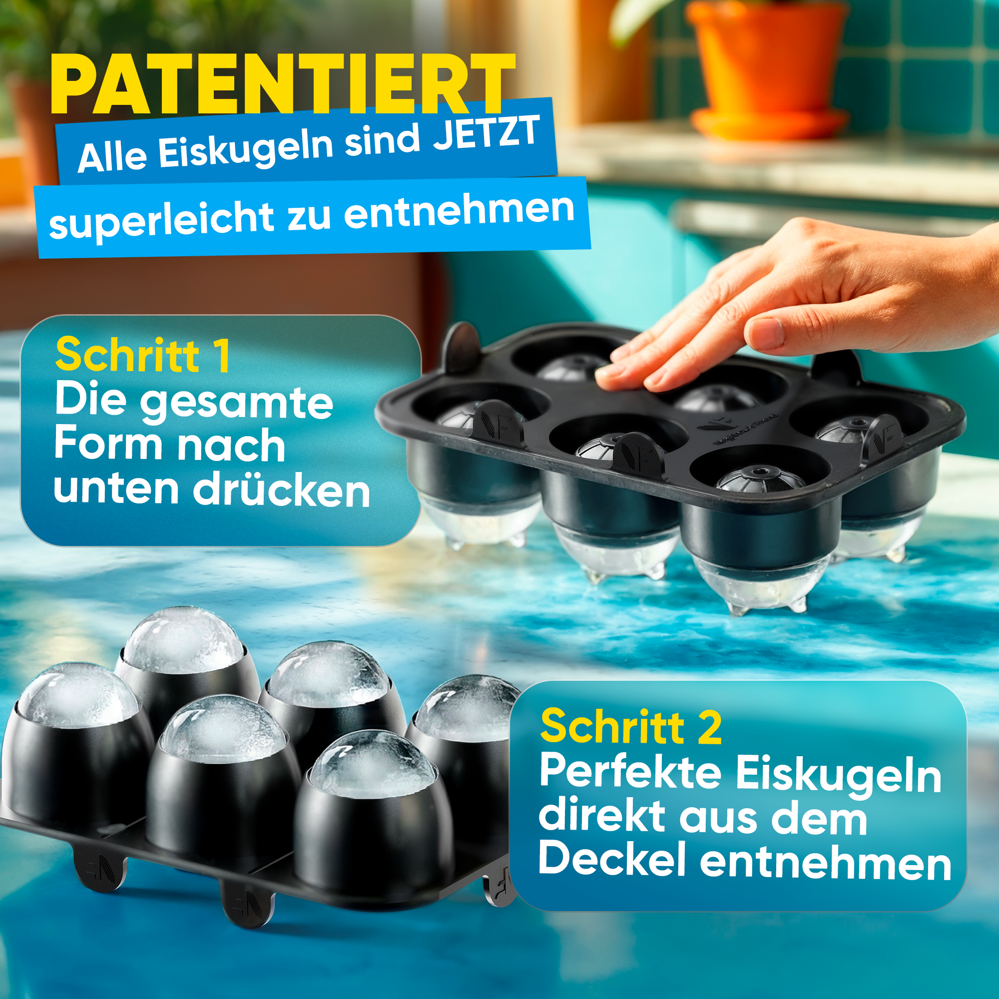 Patentierte Eiskugelform XXL 2er Set – Große runde Eiswürfel (4,5 cm) – Softboden für leichtes Lösen ohne Brechen – Für Getränke, Cocktails & Softdrinks – BPA-frei & auslaufsicher