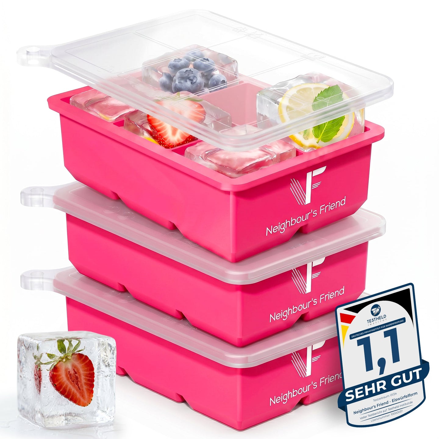 Patentierte Eiskugelform & Eiswürfelform Pink – XXL Eiswürfel (5 cm) & Kugeln (4,5 cm) aus Platinsilikon – Einfaches Herausdrücken & leichtes Lösen – Für Cocktails, Longdrinks & Getränke – BPA-frei & spülmaschinengeeignet Image