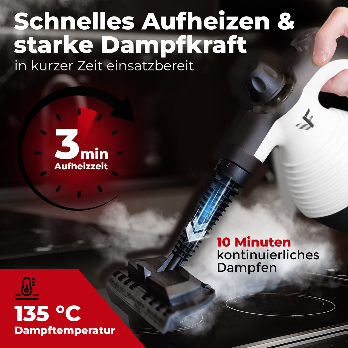 Handdampfreiniger kraftvoll – Entfernt Fett, Kalk & Bakterien – Für Küche, Bad, Fenster, Fugen, Sofa & Auto – Präzise Reinigung ohne Chemie