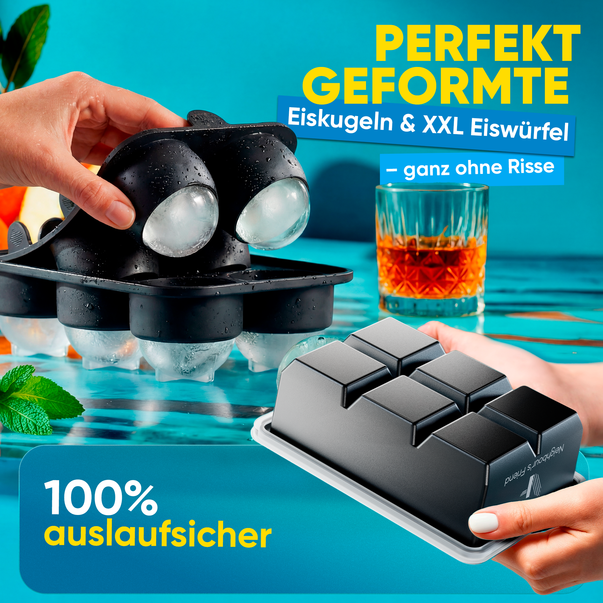 Patentierte Eiskugelform XXL 2er Set – Große runde Eiswürfel (4,5 cm) – Softboden für leichtes Lösen ohne Brechen – Für Getränke, Cocktails & Softdrinks – BPA-frei & auslaufsicher
