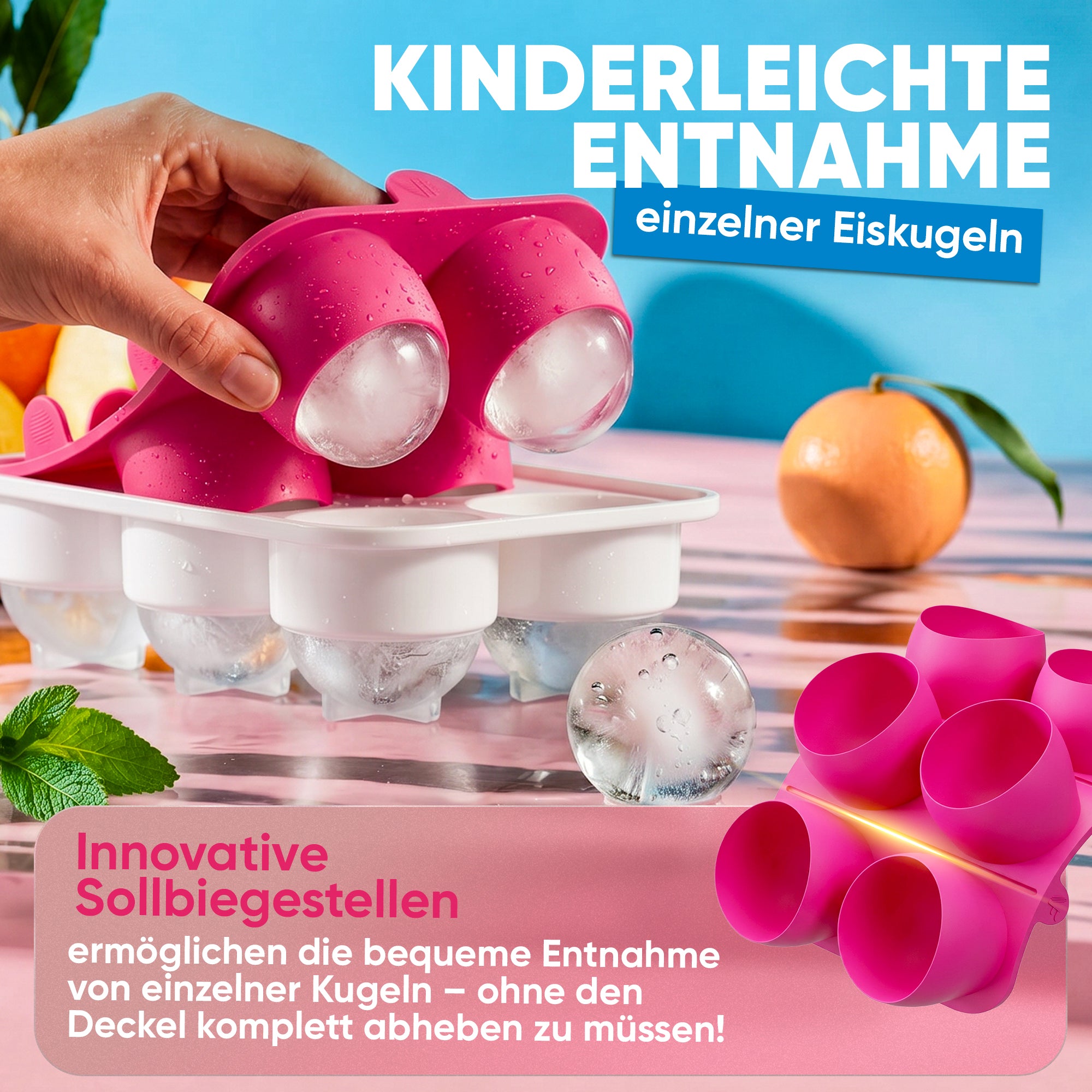 Patentierte Eiskugelform XXL Pink – Große runde Eiswürfel (4,5 cm) – Softboden für leichtes Lösen ohne Brechen – Für Getränke, Cocktails & Softdrinks – BPA-frei & auslaufsicher