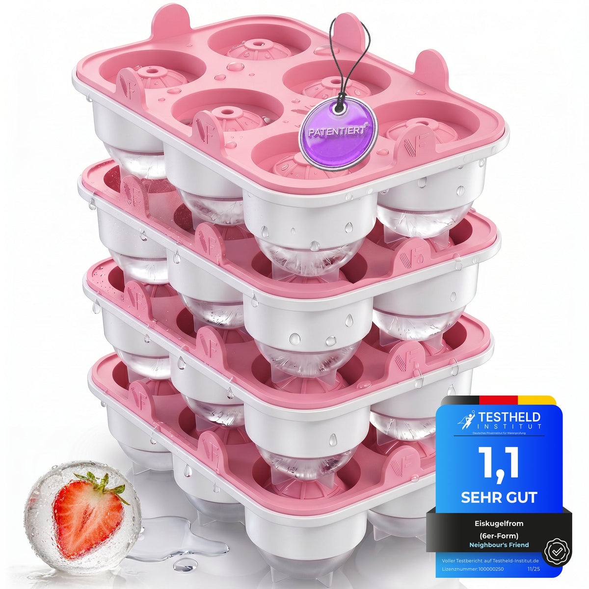 Patentierte Eiskugelform XXL Rosa – Große runde Eiswürfel (4,5 cm) – Softboden für leichtes Lösen ohne Brechen – Für Getränke, Cocktails & Softdrinks – BPA-frei & auslaufsicher - Galerie Rosa 22