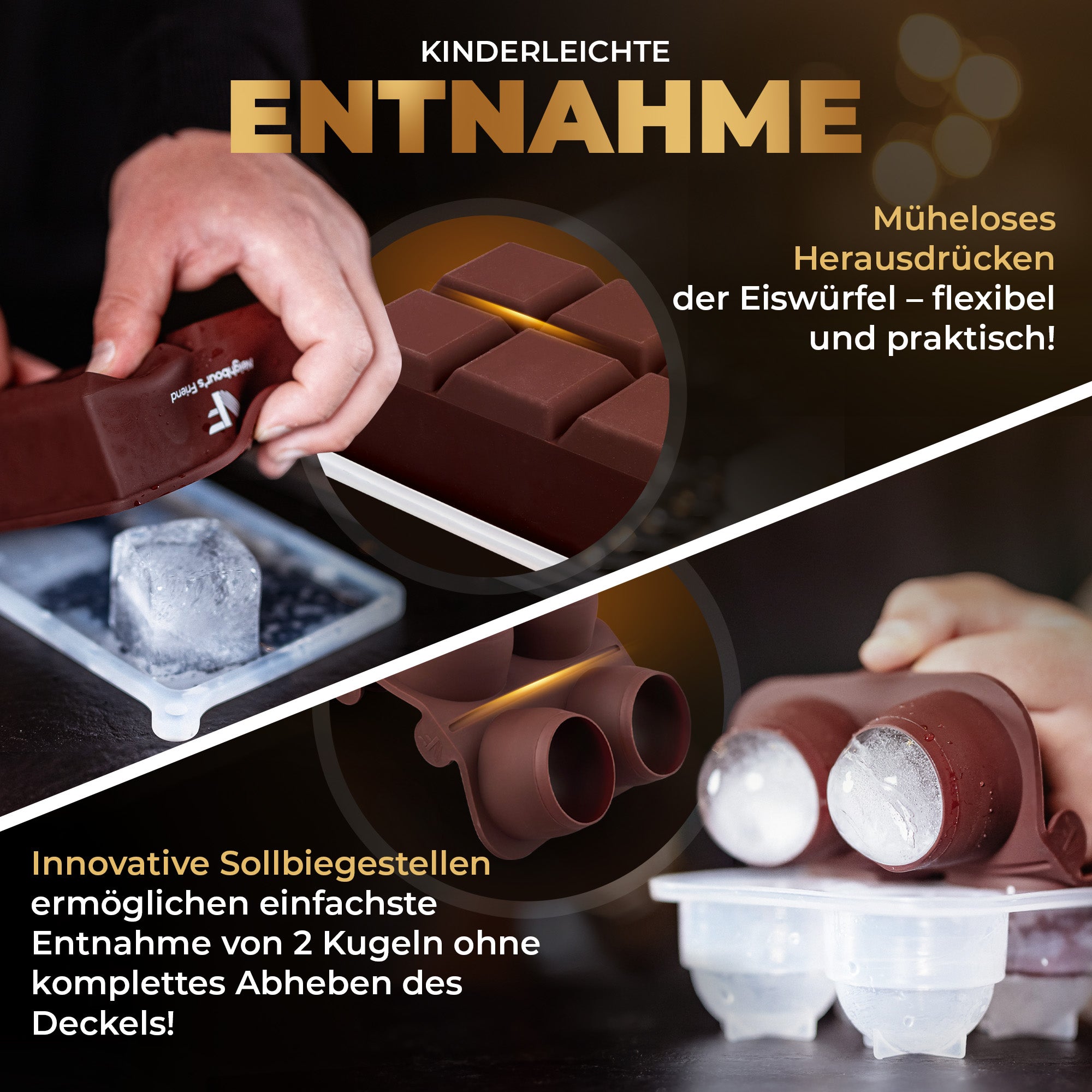 Patentierte Eiskugelform & Eiswürfelform Braun – XXL Eiswürfel (5 cm) & Kugeln (4,5 cm) aus Platinsilikon – Einfaches Herausdrücken & leichtes Lösen – Für Cocktails, Longdrinks & Getränke – BPA-frei & spülmaschinengeeignet Image