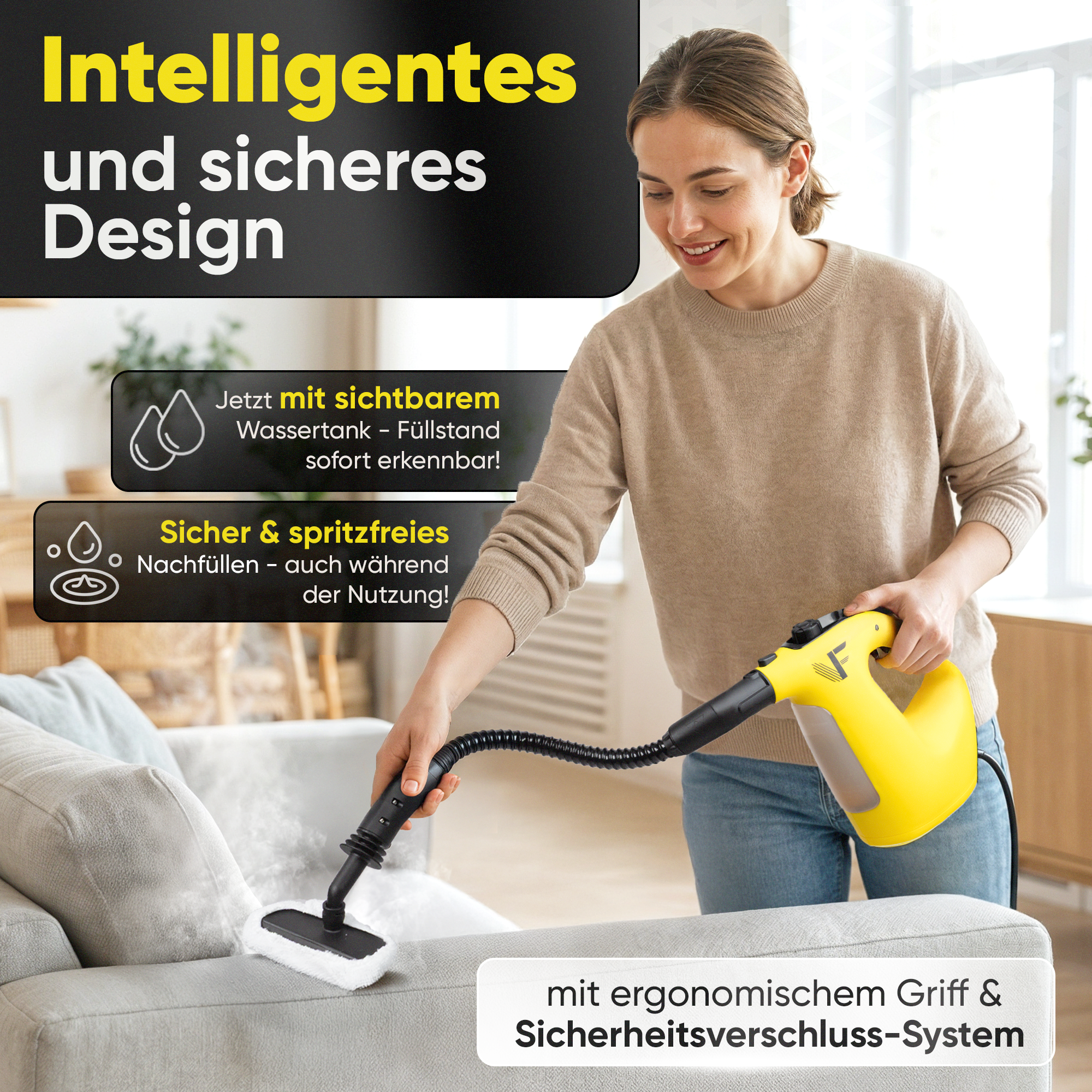 Dampfreiniger 2 in 1 – Als Handdampfreiniger oder mit Dampfmopp – Für Küche, Bad, Böden, Fenster, Auto & Polster – Entfernt Fett, Kalk & Schmutz – Hygienisch & ohne Chemie – Teppich & Fugenreiniger