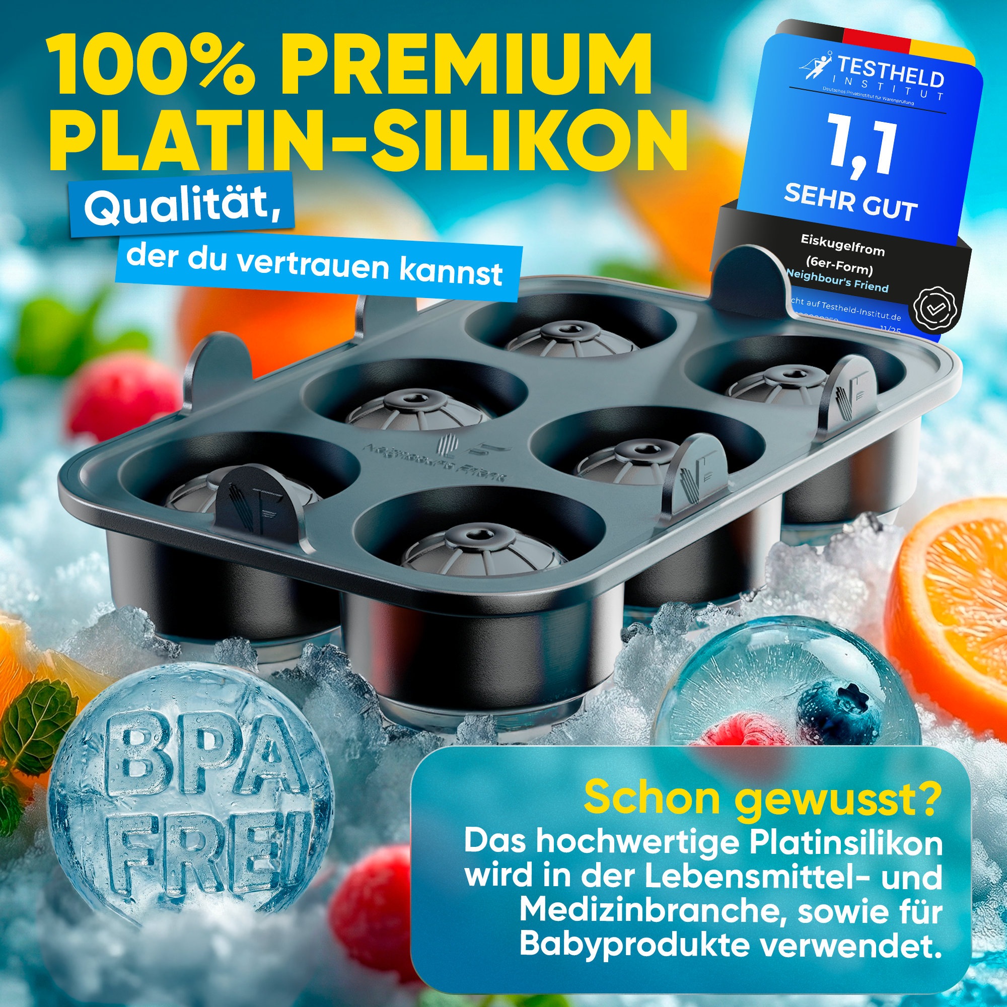 Patentierte Eiskugelform XXL 2er Set – Große runde Eiswürfel (4,5 cm) – Softboden für leichtes Lösen ohne Brechen – Für Getränke, Cocktails & Softdrinks – BPA-frei & auslaufsicher