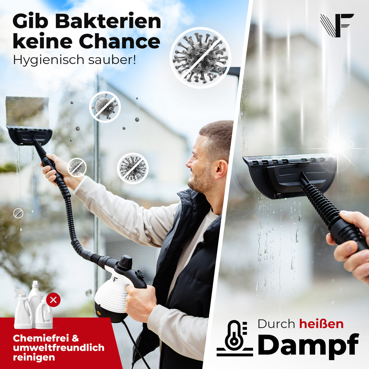 Handdampfreiniger kraftvoll – Entfernt Fett, Kalk & Bakterien – Für Küche, Bad, Fenster, Fugen, Sofa & Auto – Präzise Reinigung ohne Chemie