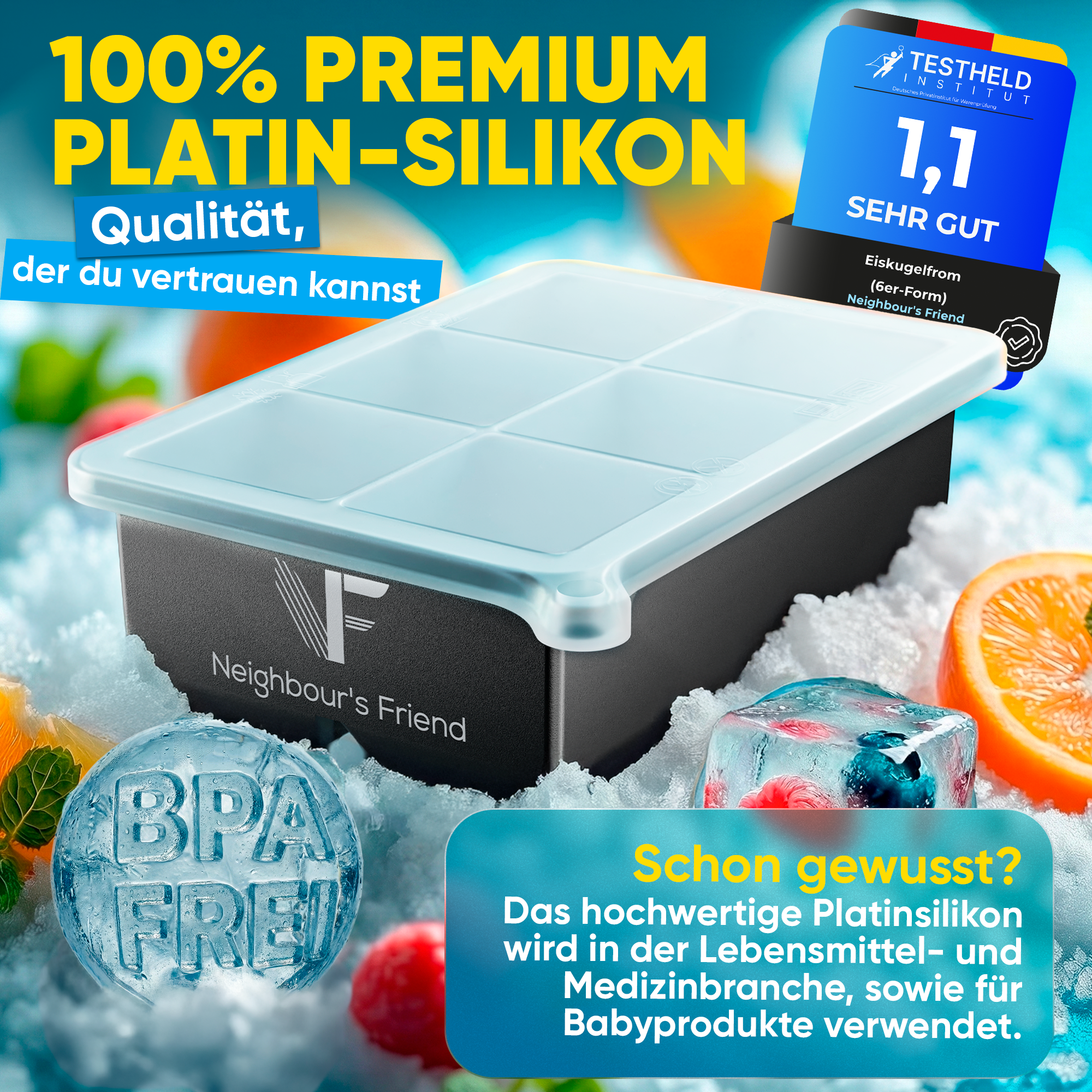 Patentierte Eiskugelform XXL 2er Set – Große runde Eiswürfel (4,5 cm) – Softboden für leichtes Lösen ohne Brechen – Für Getränke, Cocktails & Softdrinks – BPA-frei & auslaufsicher