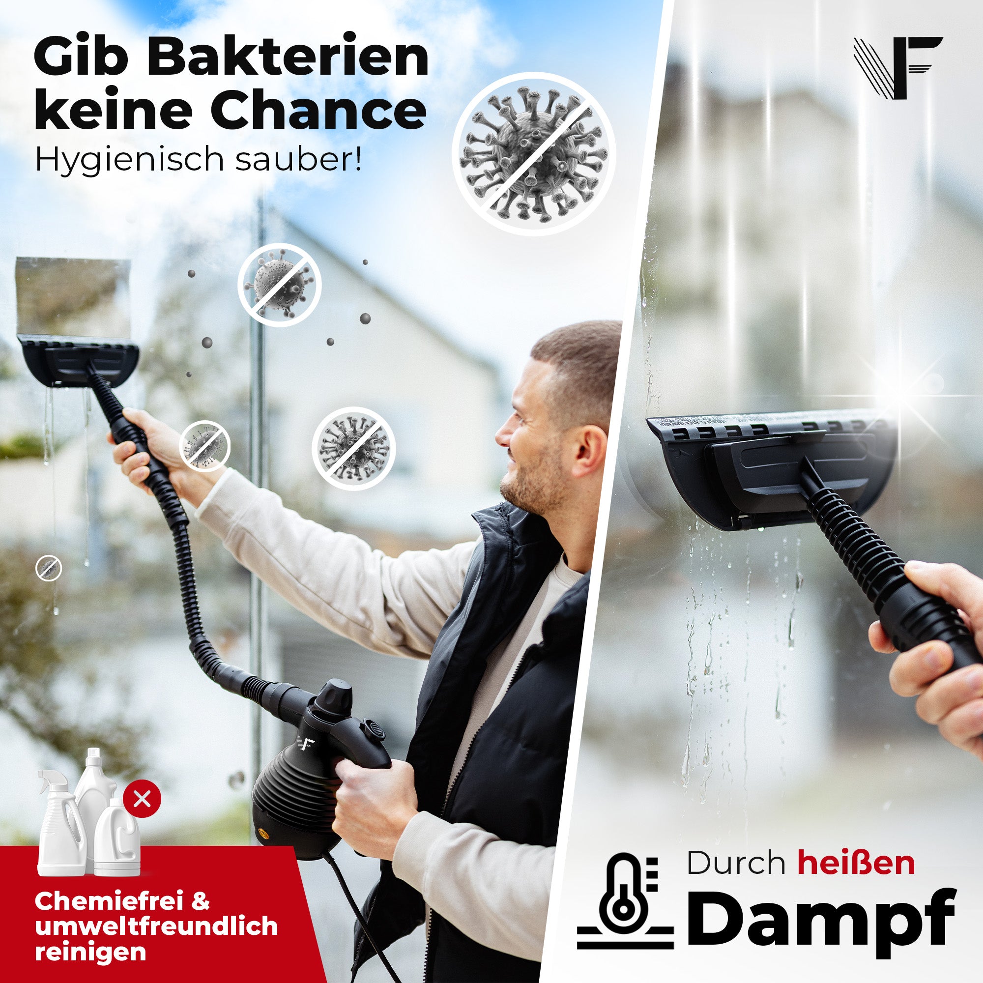 Handdampfreiniger kraftvoll – Entfernt Fett, Kalk & Bakterien – Für Küche, Bad, Fenster, Fugen, Sofa & Auto – Präzise Reinigung ohne Chemie