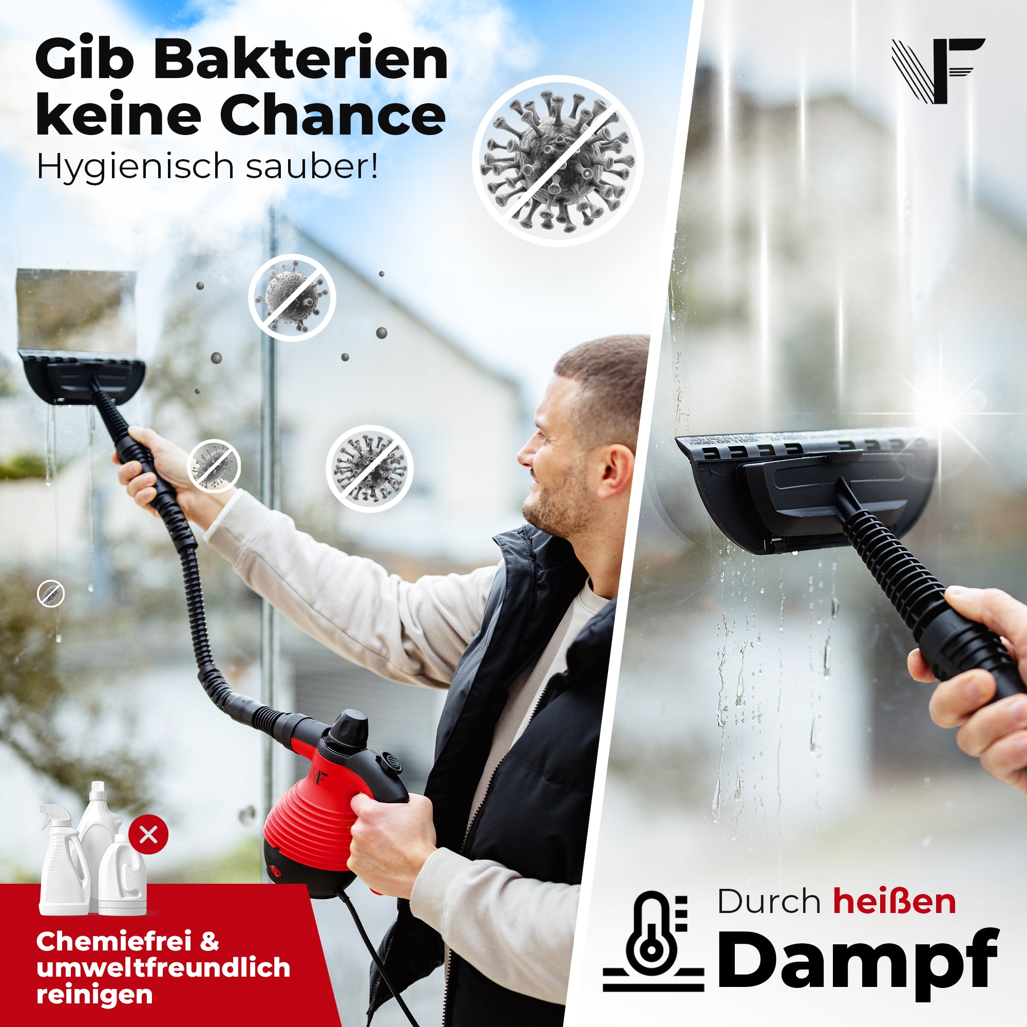 Handdampfreiniger kraftvoll – Entfernt Fett, Kalk & Bakterien – Für Küche, Bad, Fenster, Fugen, Sofa & Auto – Präzise Reinigung ohne Chemie