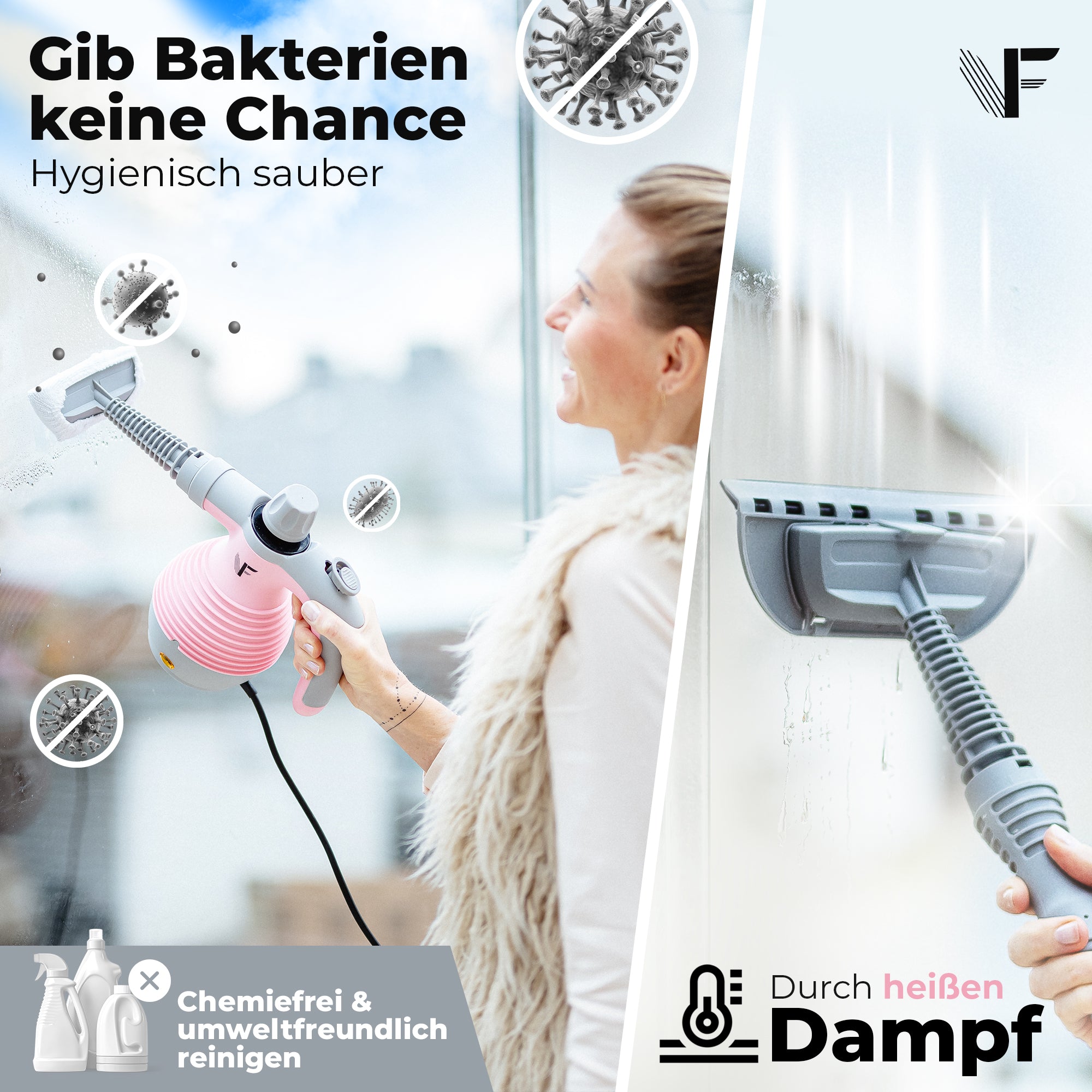 Handdampfreiniger kraftvoll – Entfernt Fett, Kalk & Bakterien – Für Küche, Bad, Fenster, Fugen, Sofa & Auto – Präzise Reinigung ohne Chemie