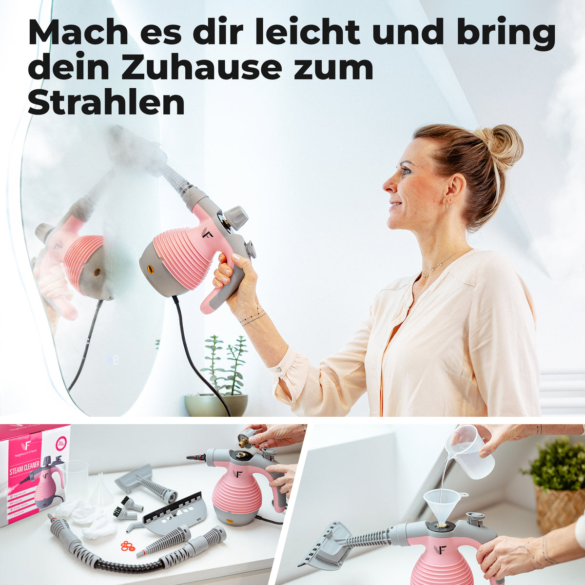 Handdampfreiniger kraftvoll – Entfernt Fett, Kalk & Bakterien – Für Küche, Bad, Fenster, Fugen, Sofa & Auto – Präzise Reinigung ohne Chemie