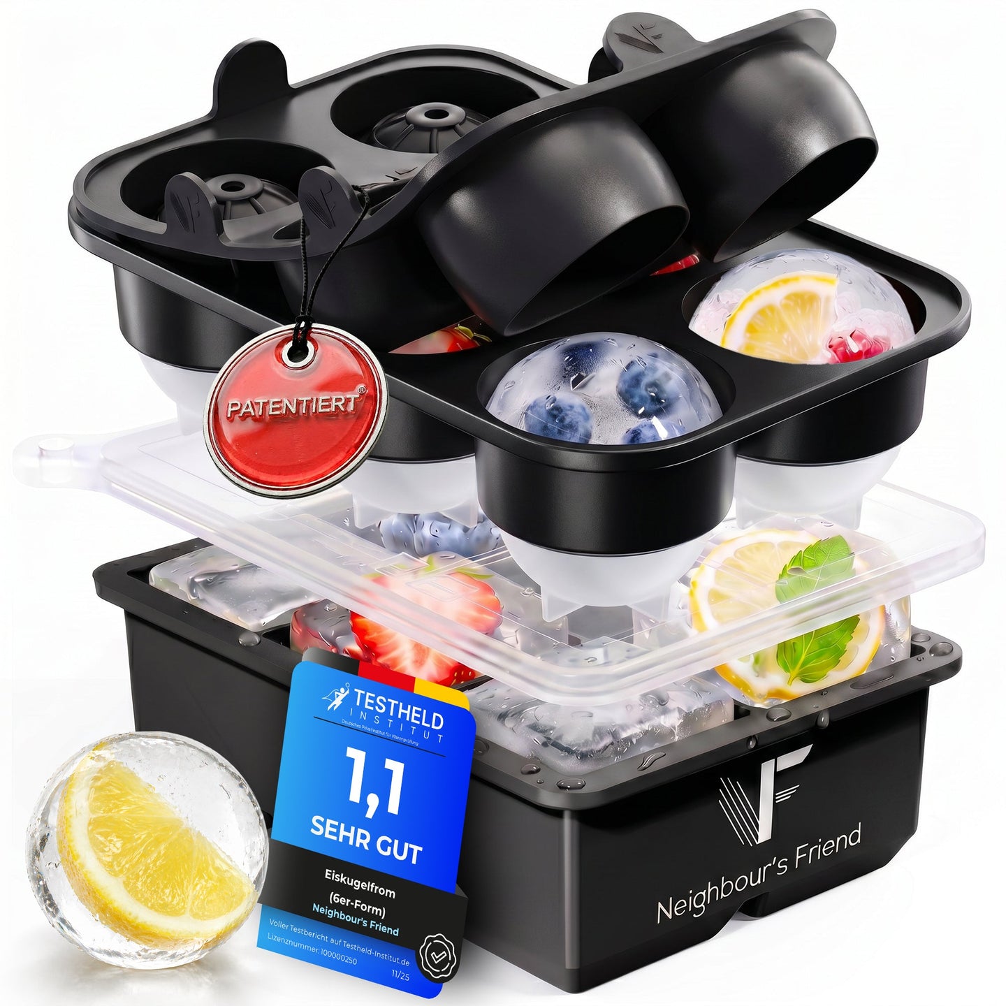 Patentierte Eiskugelform XXL – Große runde Eiswürfel (4,5 cm) – Softboden für leichtes Lösen ohne Brechen – Für Getränke, Cocktails & Softdrinks – BPA-frei & auslaufsicher