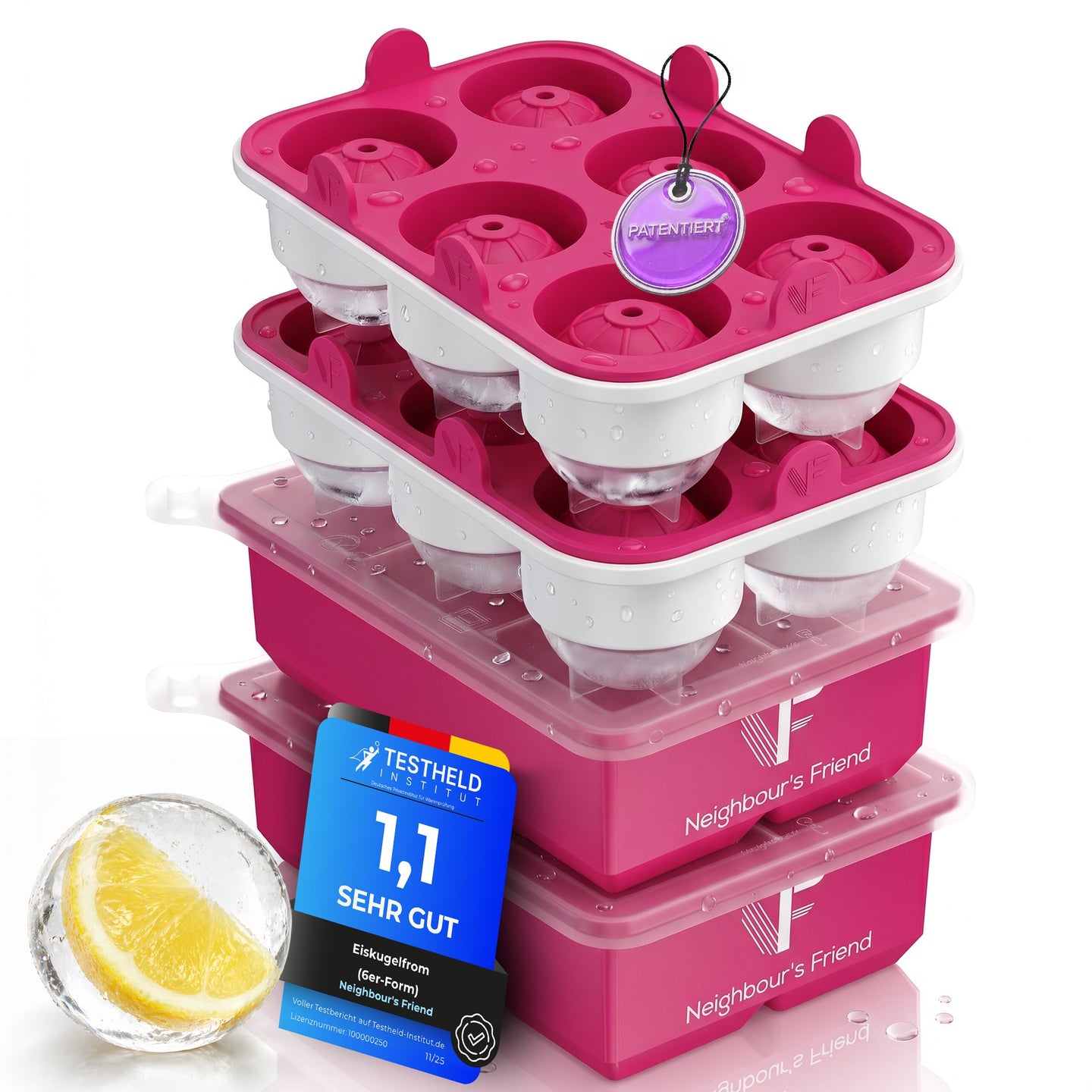Patentierte Eiskugelform XXL Pink – Große runde Eiswürfel (4,5 cm) – Softboden für leichtes Lösen ohne Brechen – Für Getränke, Cocktails & Softdrinks – BPA-frei & auslaufsicher