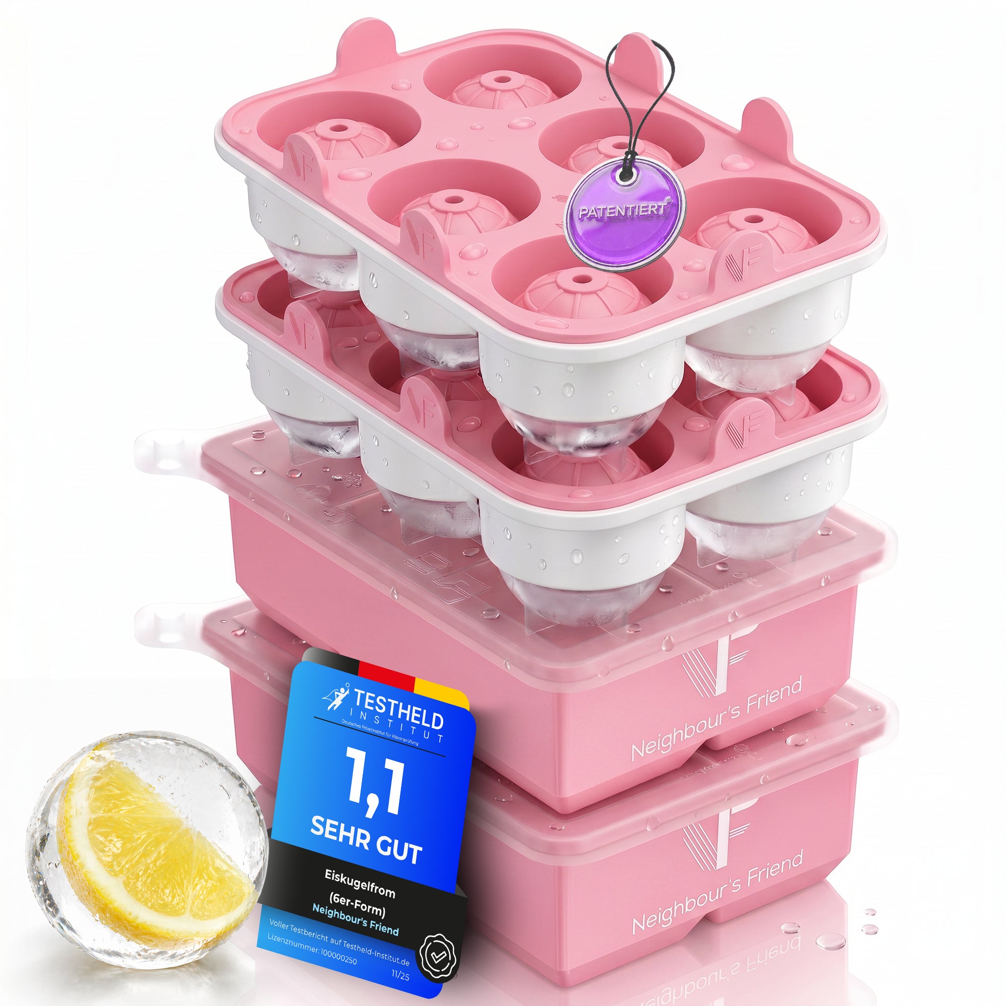 Patentierte Eiskugelform XXL Rosa – Große runde Eiswürfel (4,5 cm) – Softboden für leichtes Lösen ohne Brechen – Für Getränke, Cocktails & Softdrinks – BPA-frei & auslaufsicher