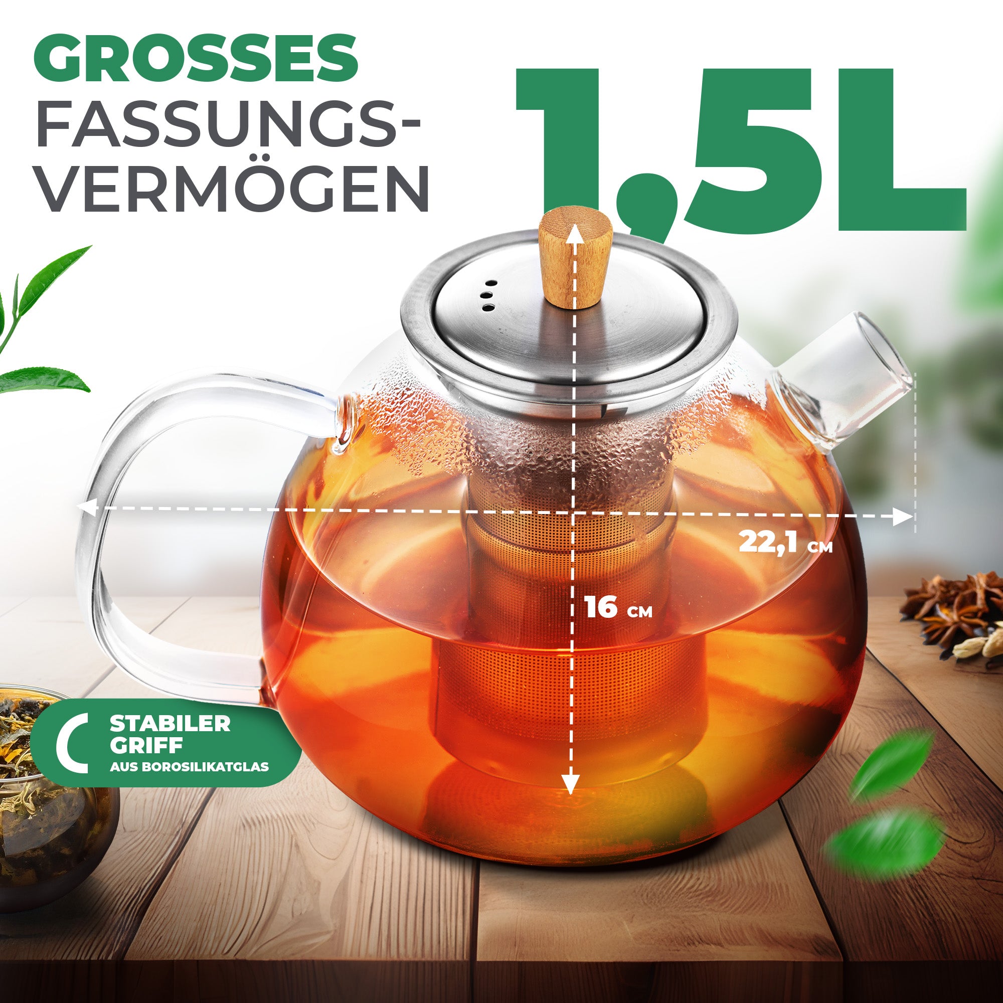 Teekanne aus Glas mit Siebeinsatz