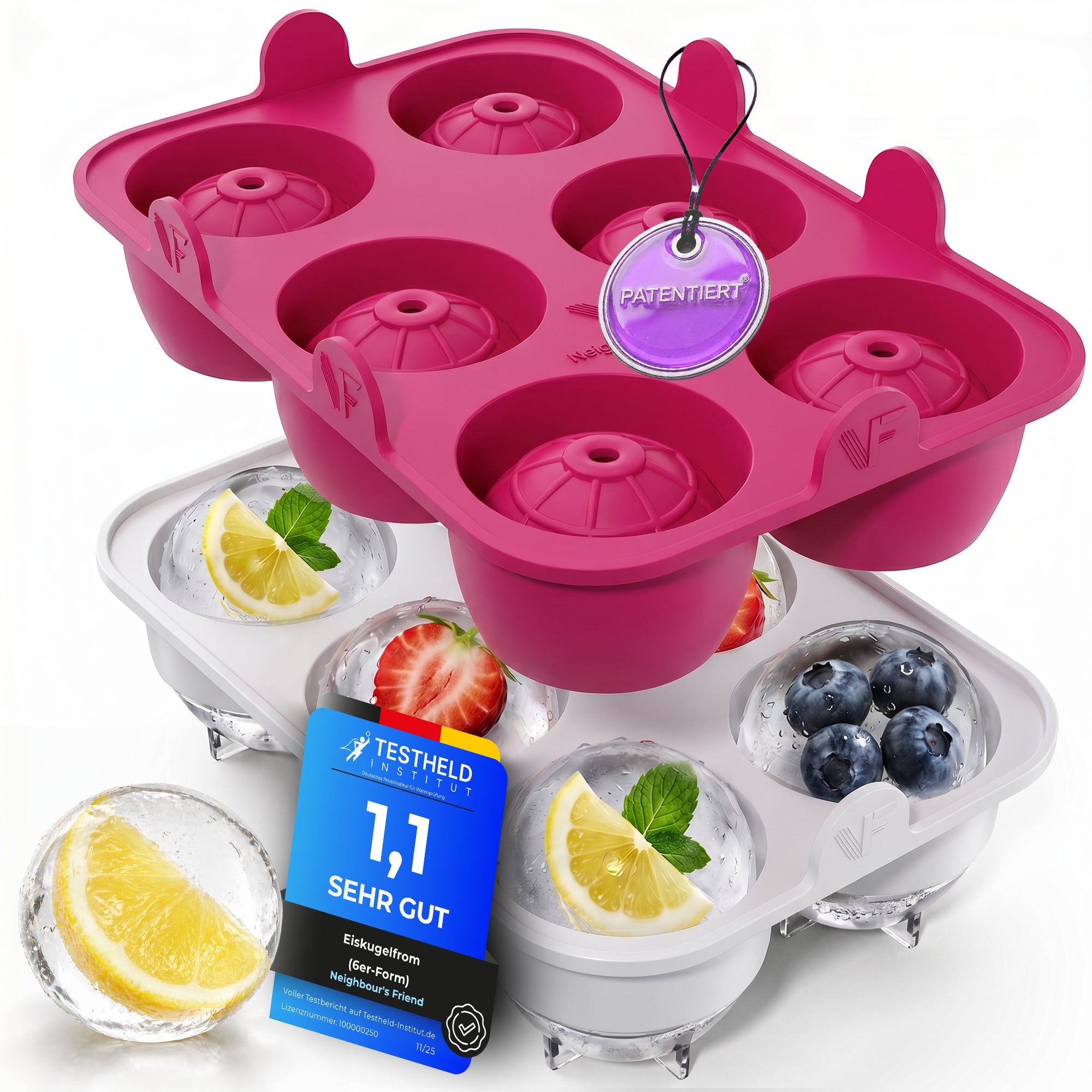 Patentierte Eiskugelform XXL Pink – Große runde Eiswürfel (4,5 cm) – Softboden für leichtes Lösen ohne Brechen – Für Getränke, Cocktails & Softdrinks – BPA-frei & auslaufsicher