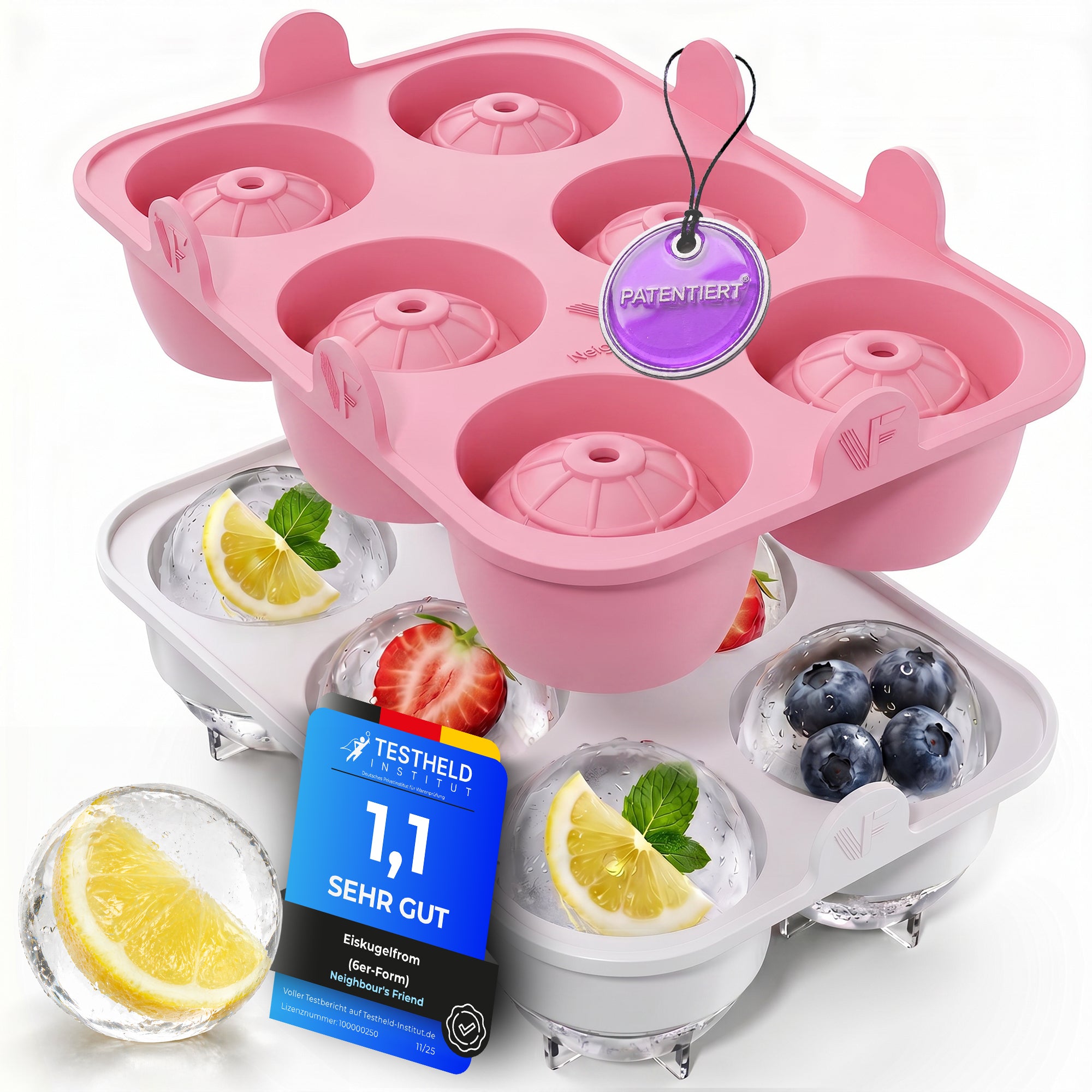Patentierte Eiskugelform XXL Rosa – Große runde Eiswürfel (4,5 cm) – Softboden für leichtes Lösen ohne Brechen – Für Getränke, Cocktails & Softdrinks – BPA-frei & auslaufsicher