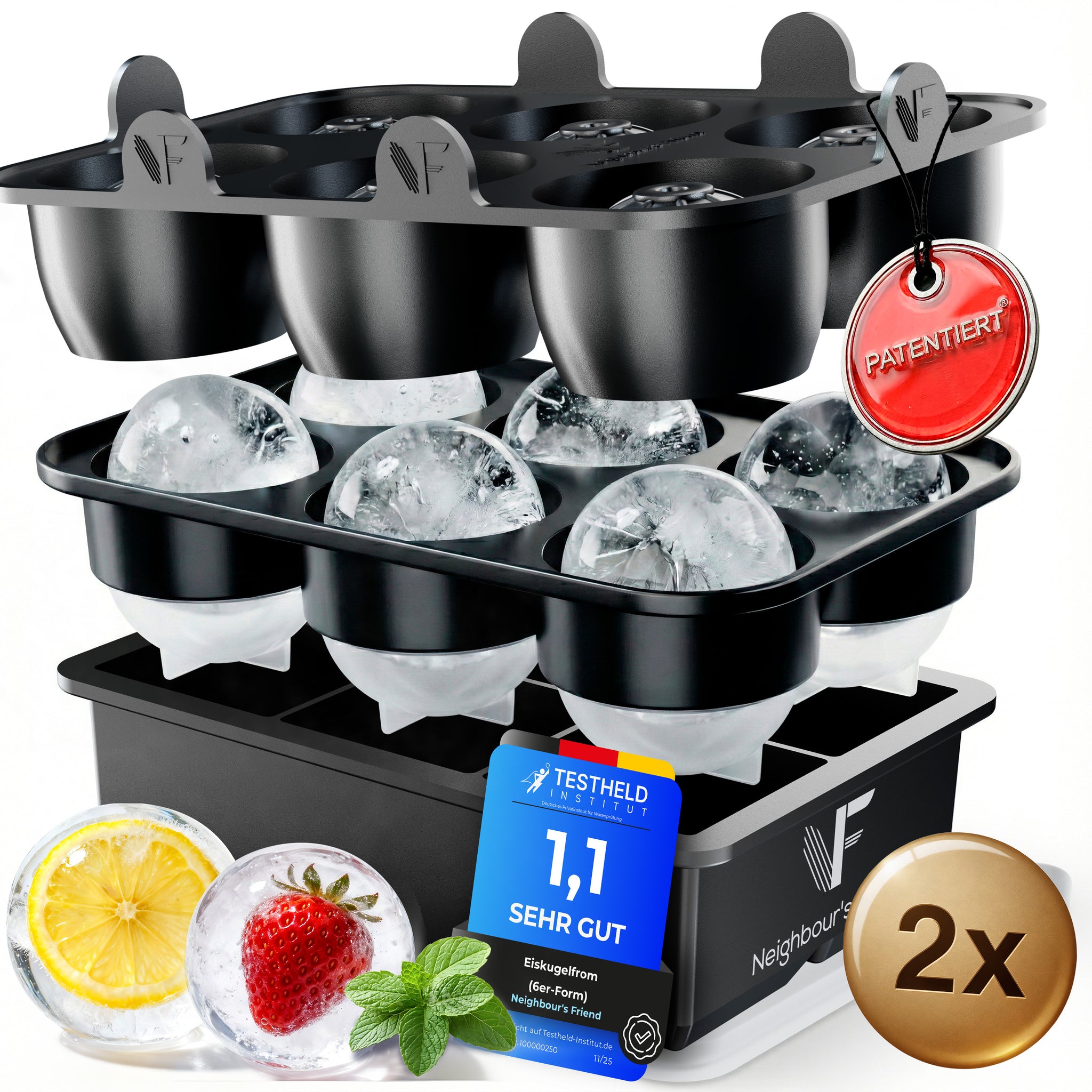 Patentierte Eiskugelform XXL 2er Set – Große runde Eiswürfel (4,5 cm) – Softboden für leichtes Lösen ohne Brechen – Für Getränke, Cocktails & Softdrinks – BPA-frei & auslaufsicher